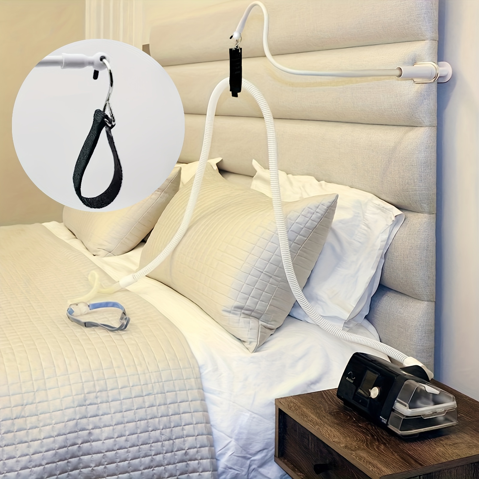 

Holder Hanger With Adjustable Clamp - Iron And Plastic Polished Finish, Anti-tangle And Blockage Prevention, Keeps Air Hose Away From Face And Arms For Better Sleep