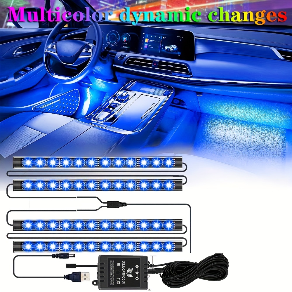 TEMU Kit de 4 bandes lumineuses LED pour intérieur de voiture - Contrôle musical RGB, changement automatique de couleur, batterie, prise de voiture