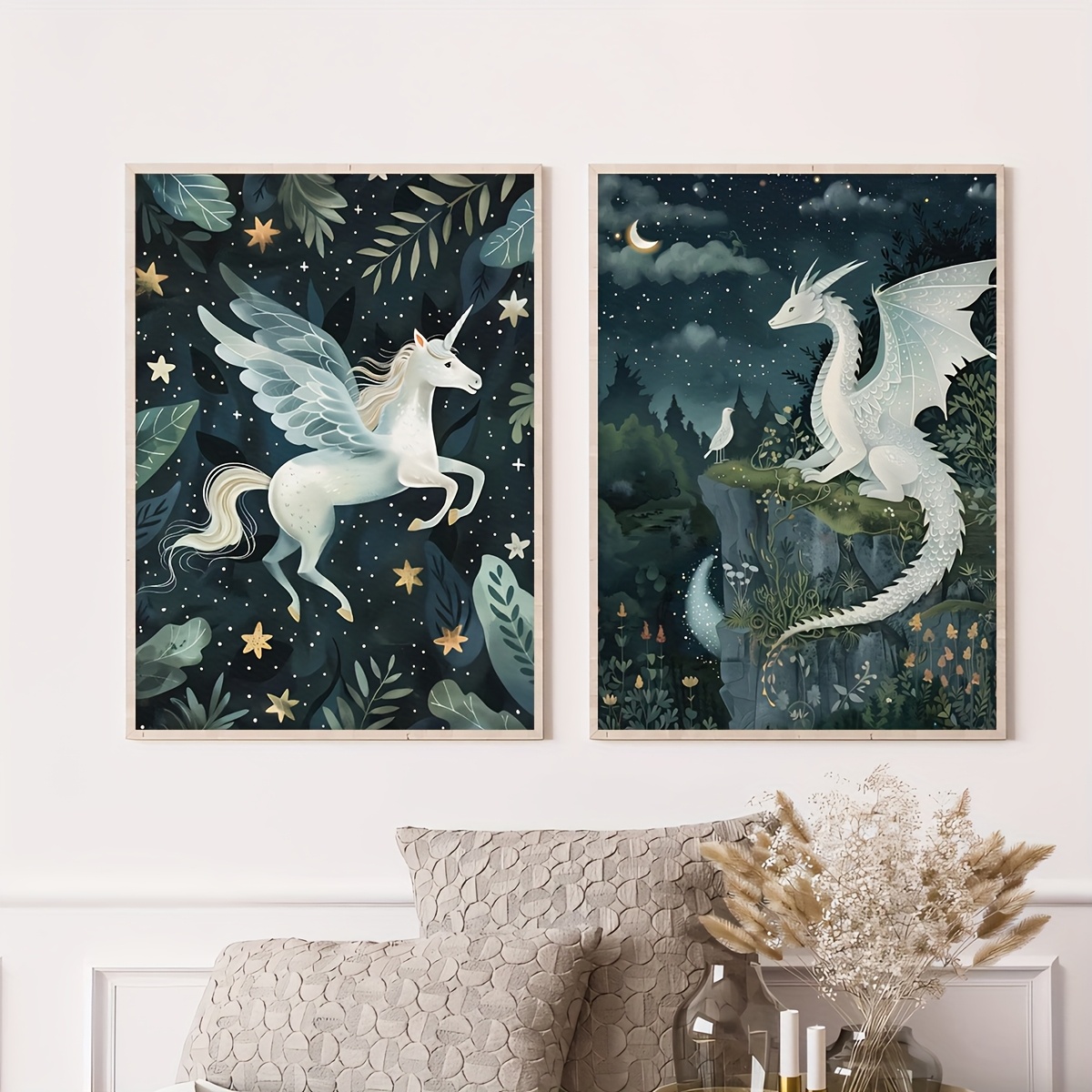TEMU 2d Flat, 2d Flat, 2 Frameless Vintage Fantasy Posters Featuring Unicorns And Dragons, Cartoon Oil Paintings, Original Murals, Birthday Gifts,