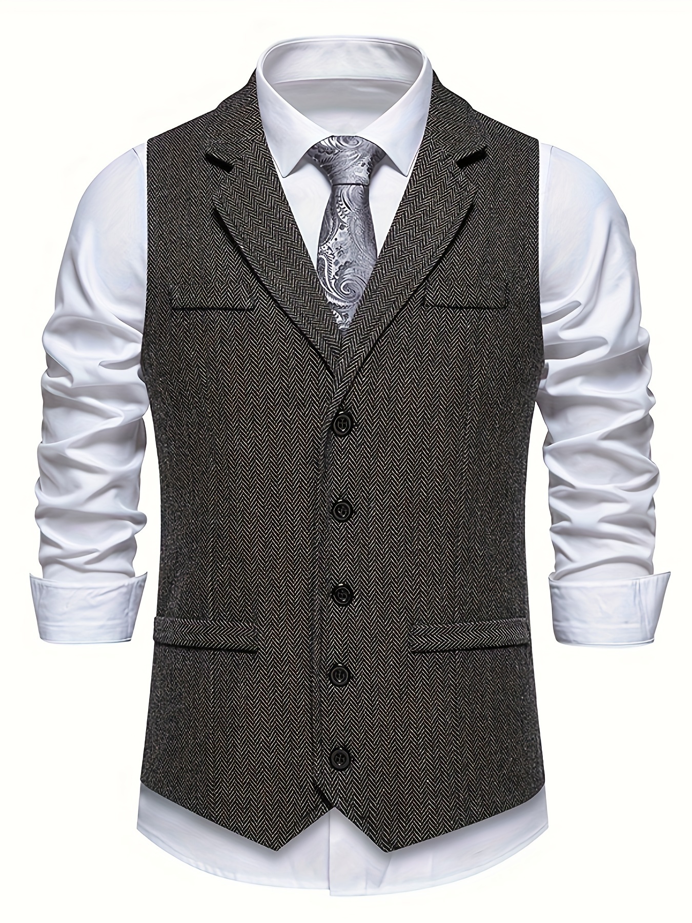 Men'S Herringbone Tweed Suit Vest Vintage Lapel Single-Breasted Waistcoat