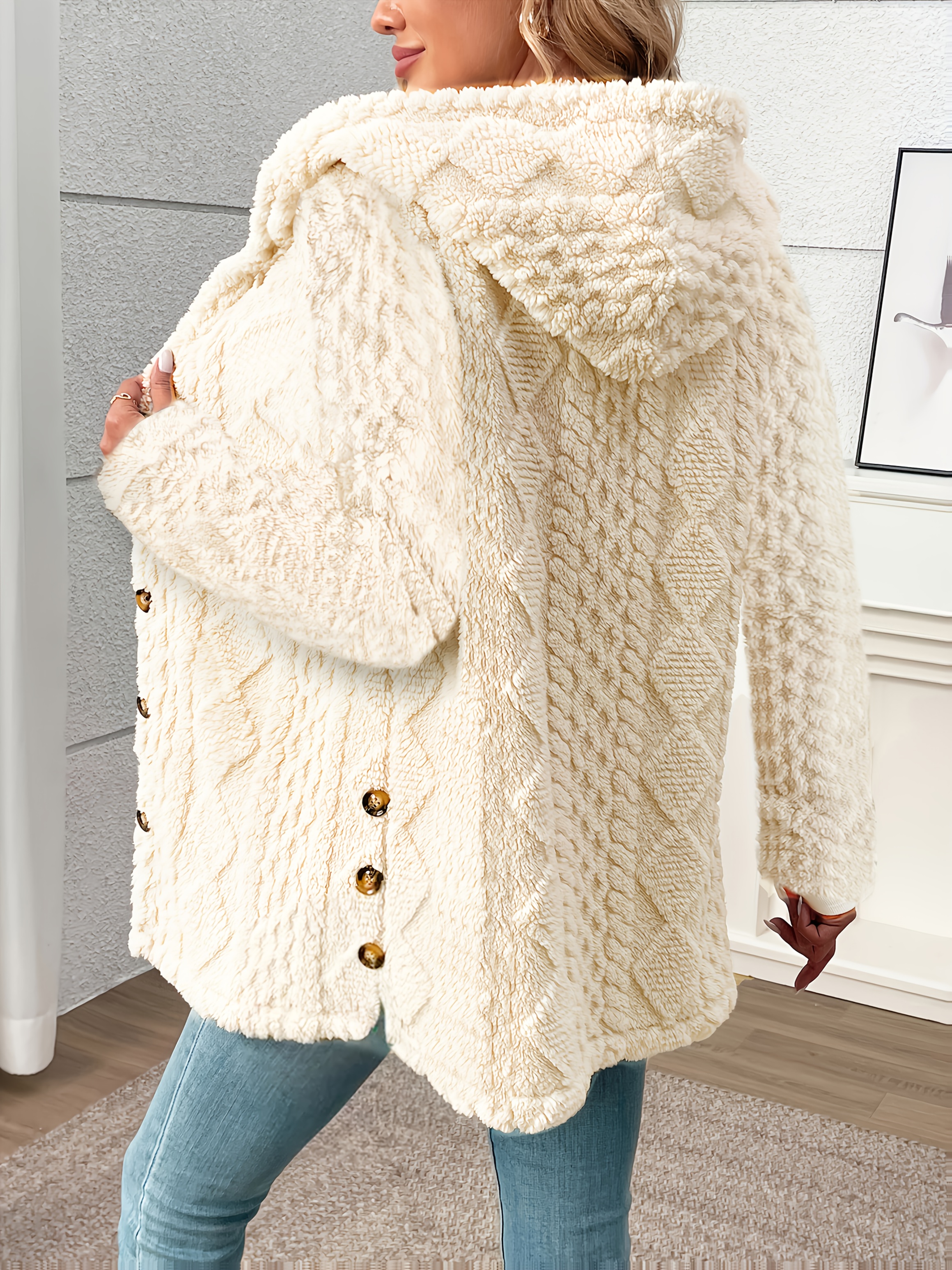 womens elegant rhombus texture hooded teddy bear jacket   button front coat with side pockets soft plush fabric machine washable versatile casual to formal outerwear everyday   durable button closure cozy layering stylish outerwear quality stitching stylish women cream color 1