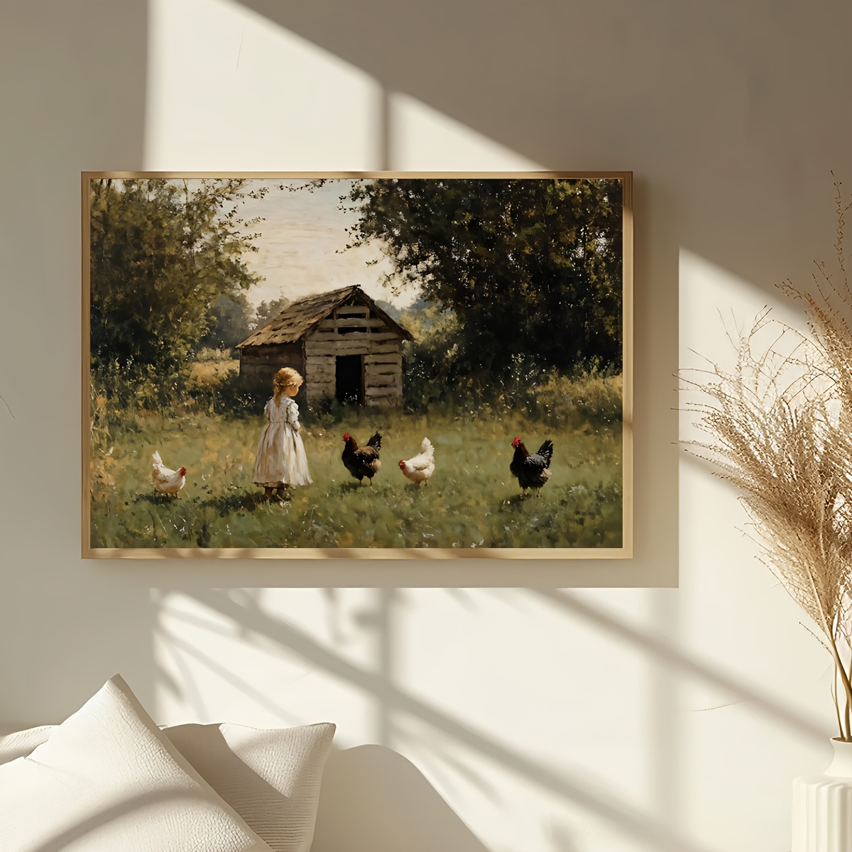 TEMU 1pc Frameless Canvas Art Print - Rustic Countryside Scene With Little Girl & Chickens, Waterproof Reusable Wall Decor For Living Room, Bedroom,