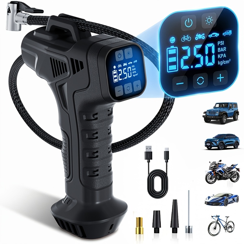 TEMU Suitu 150psi Cordless Handheld Tire Inflator, Cordless Air Compressor Equipped With Type-c Fast Charging Port, Led Emergency Light Display