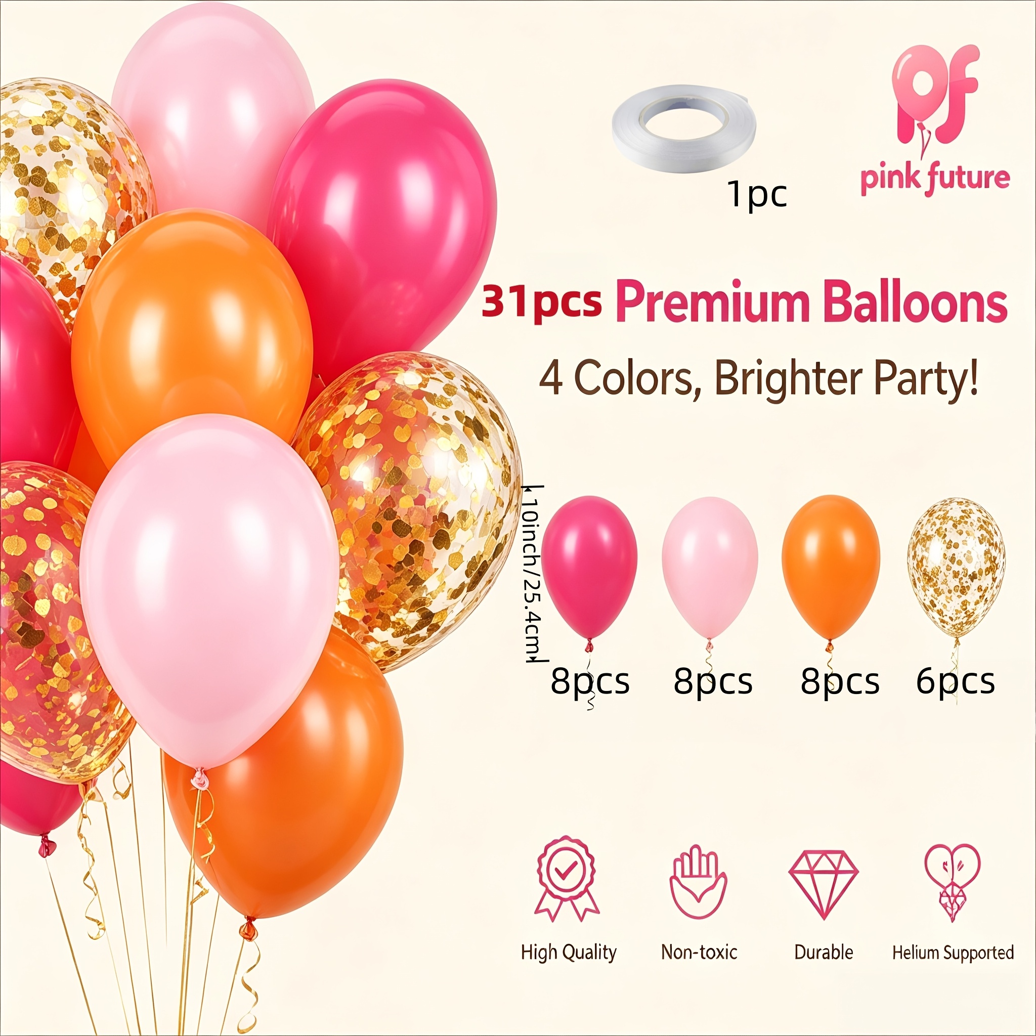 TEMU 31pcs Pink And Orange Balloon Arch Kit, Hot Pink, Orange Metallic, Balloon Wreath Kit, Suitable For Birthdays, New Year Anniversaries, Bridal