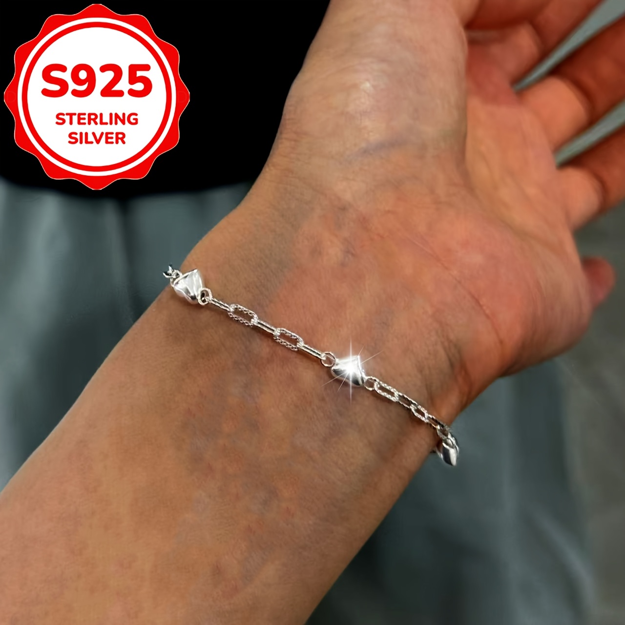 Women's S925 Pure Silver Glossy Heart Bracelet, Gift for Her