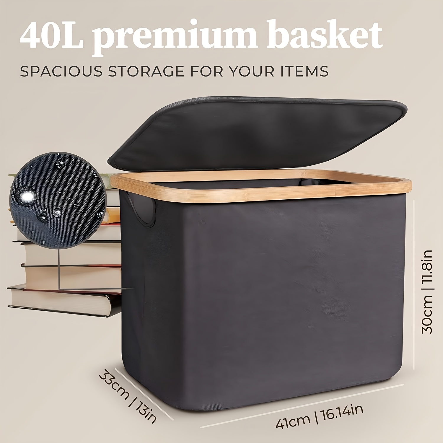 40l Foldable Laundry Basket With Lid, Storage Basket With Bamboo Border For Bedroom, Office, Dorm, Multi-use Gadget Sorting Basket, Light-weight, Dark Grey, Beige, Shelf Baskets