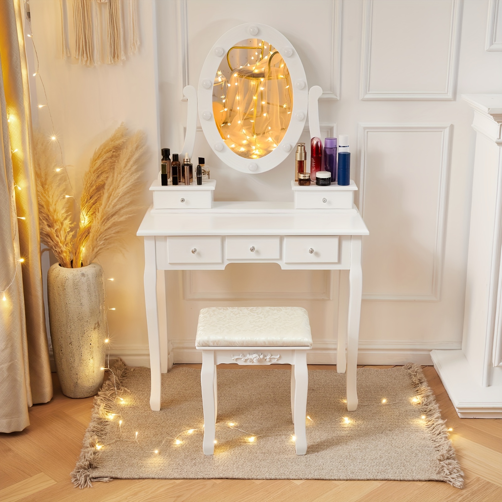 

White Vanity Desk With Lights, Makeup Vanity With Lights, Vintage Vanity Dresser With Lights, Dressing Table, Vanity Set With Mirror And Stool, Vanity And Desk Combo