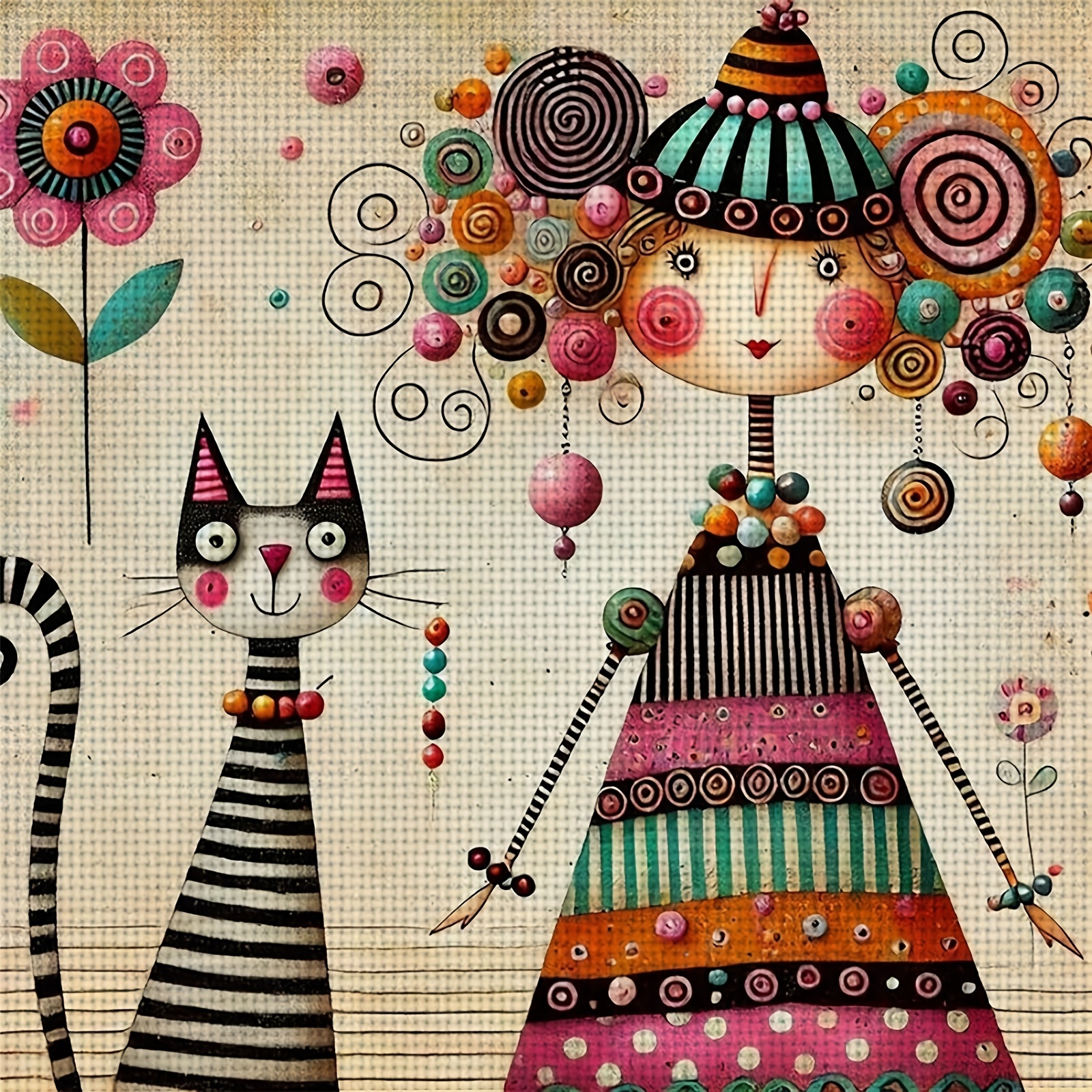 TEMU Un nouveau kit de broderie point de croix de niveau débutant avec un motif "Fille de dessin et chat", parfait pour un à votre chambre, votre