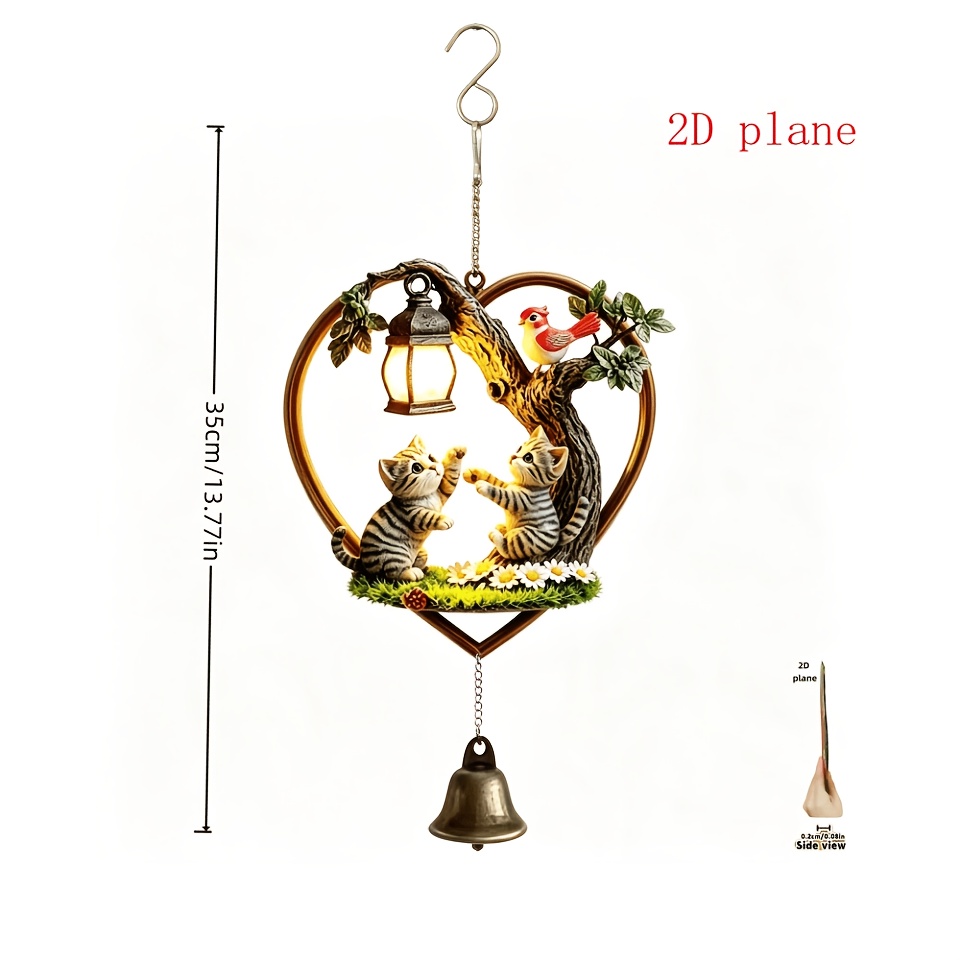 TEMU Heart-shaped Frame With Dual Kittens And Birds, Single Wind Chime Pendant, Handmade Assembly Metal Wind Chime, Courtyard Terrace Outdoor Hanging
