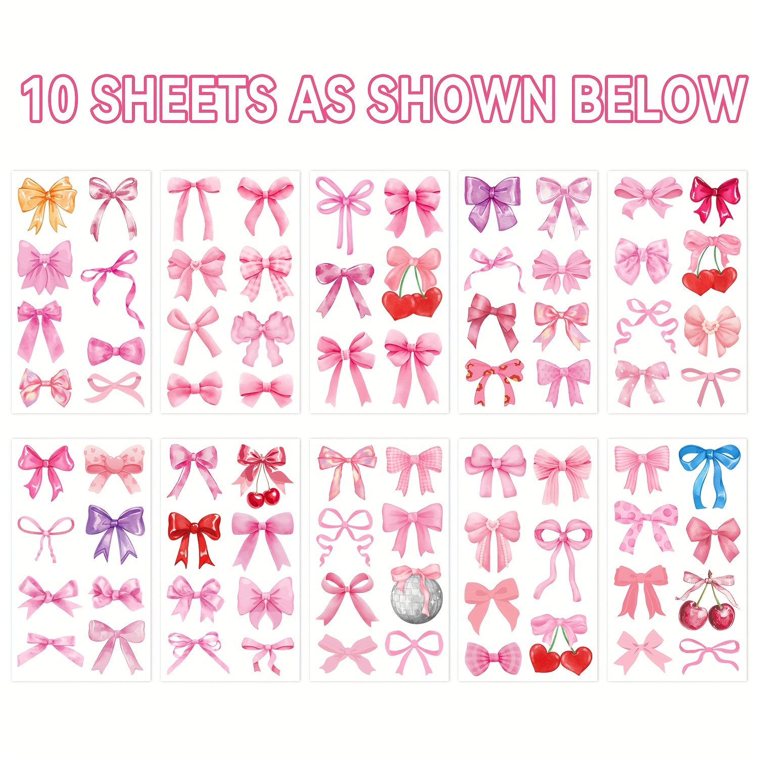 Image of 10pcs Cute Pink Bow Temporary Tattoos - Waterproof Decals, Perfect For Parties & Events, Party Decoration | Design | Waterproof Ink