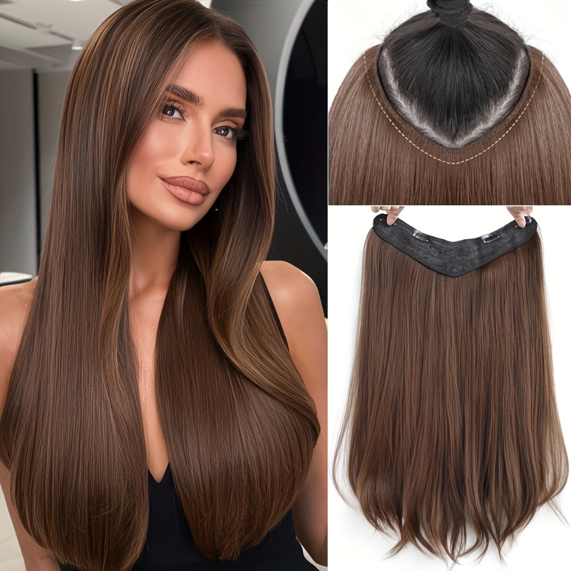 E-shop 24-Zoll-unsichtbare Haarverlängerung in 3 Farben, lange glatte V-förmige Haarverlängerung für Damen, Ganzkopf-Haarverlängerung, 4