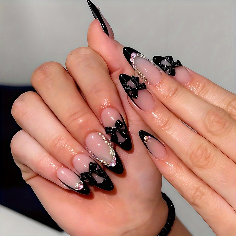 E-shop 24 Stück Mittelgroße Mandelform Künstliche Nägel zum Aufdrücken, Schwarze French Tip Nägel und 3D Dreidimensionale Schmuck Schleife Dekor mit