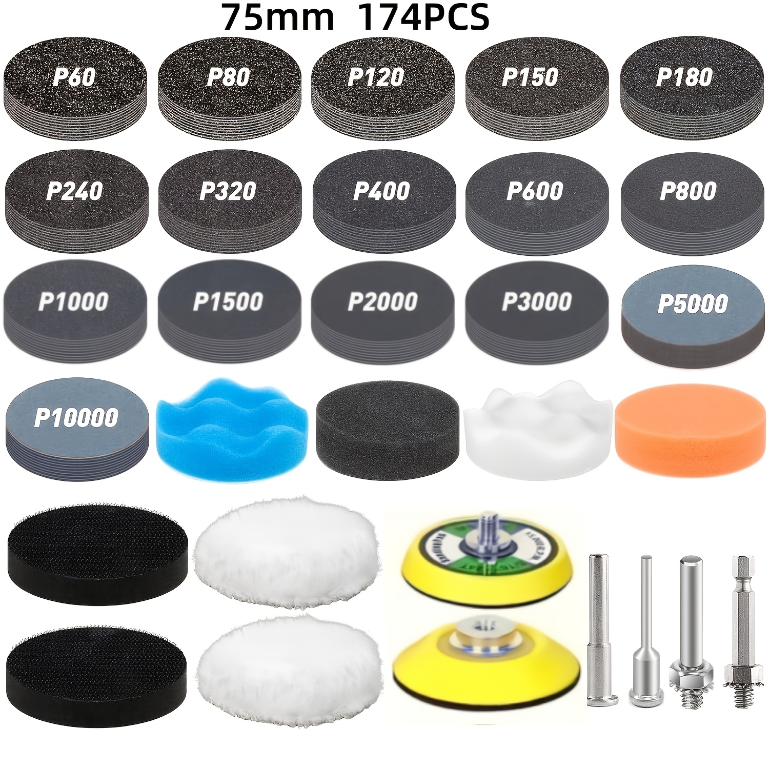 174pcs 50mm/75mm Sanding Discs Headlight Restoration& Kit Wet Dry Sandpaer 60-10000 Grit With Polishing Pads For Drill, Drill Attachments For Auto Metal Wood