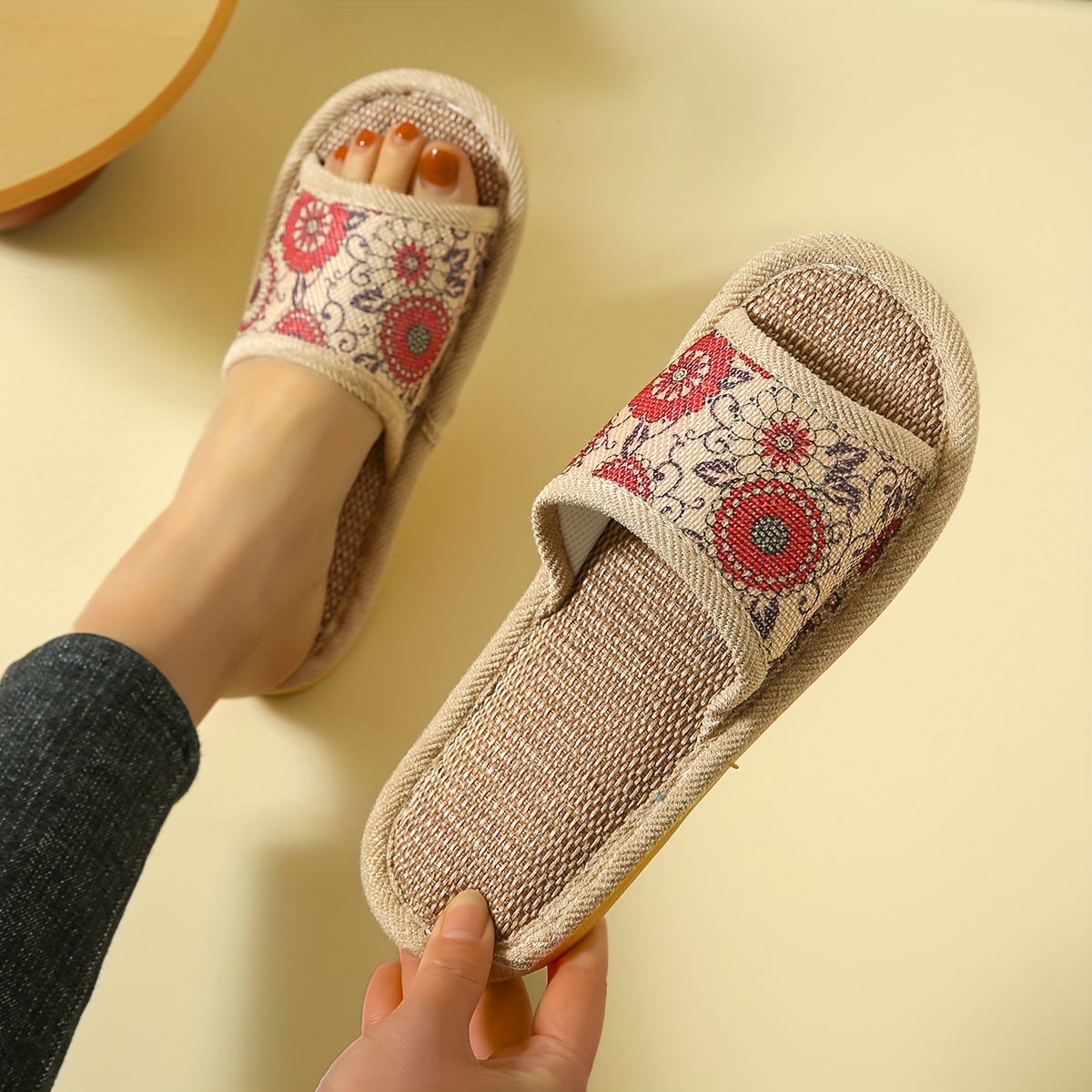 

Vintage Print Home Slippers, Slip On Lightweight Soft Sole Linen Sole Shoes, Indoor Non-slip Mute Shoes
