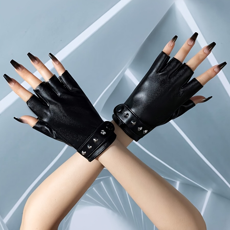 TEMU 1 Pair New Rivet Design Spring Autumn Style Half-finger Gloves, Outdoor Cycling Solid Color Casual Gloves