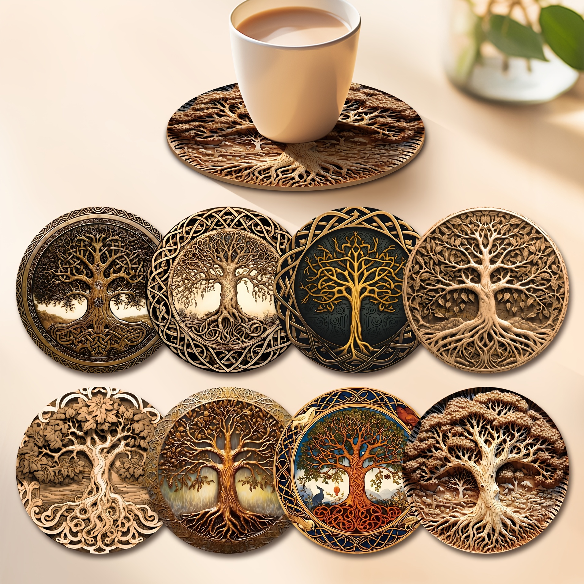 

8pcs Tree Of Life, Coffee Coasters, Wooden Coaster, Essential For Holiday Family , Suitable For Bars, Companies, Homes, Places Use 3.93in*3.93in