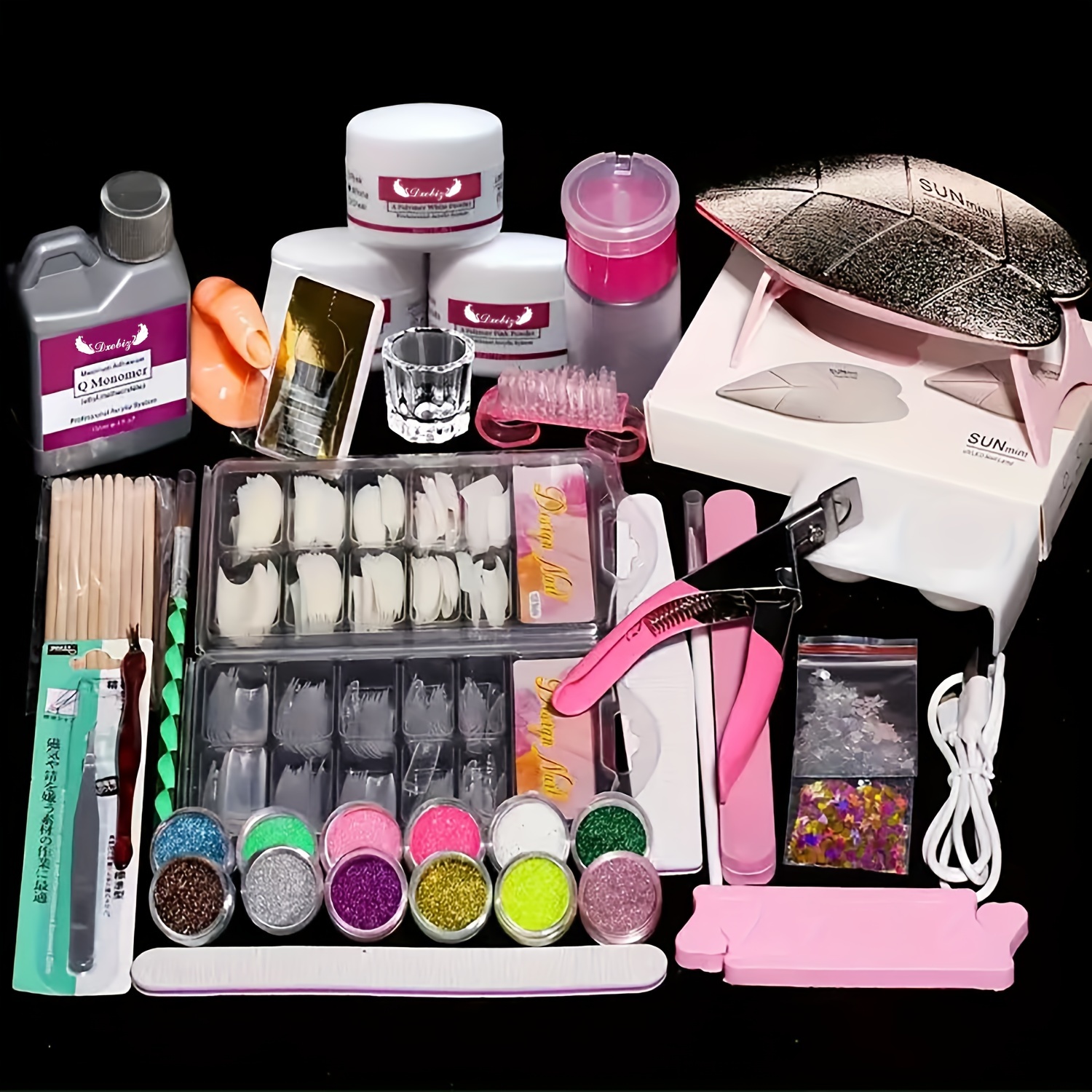 TEMU Acrylic Nail Tool Set With Glitter Powder Kit - Quick Extension System, Uv Led Lamp, Nail Form, Brush, And Sanding Strip For At