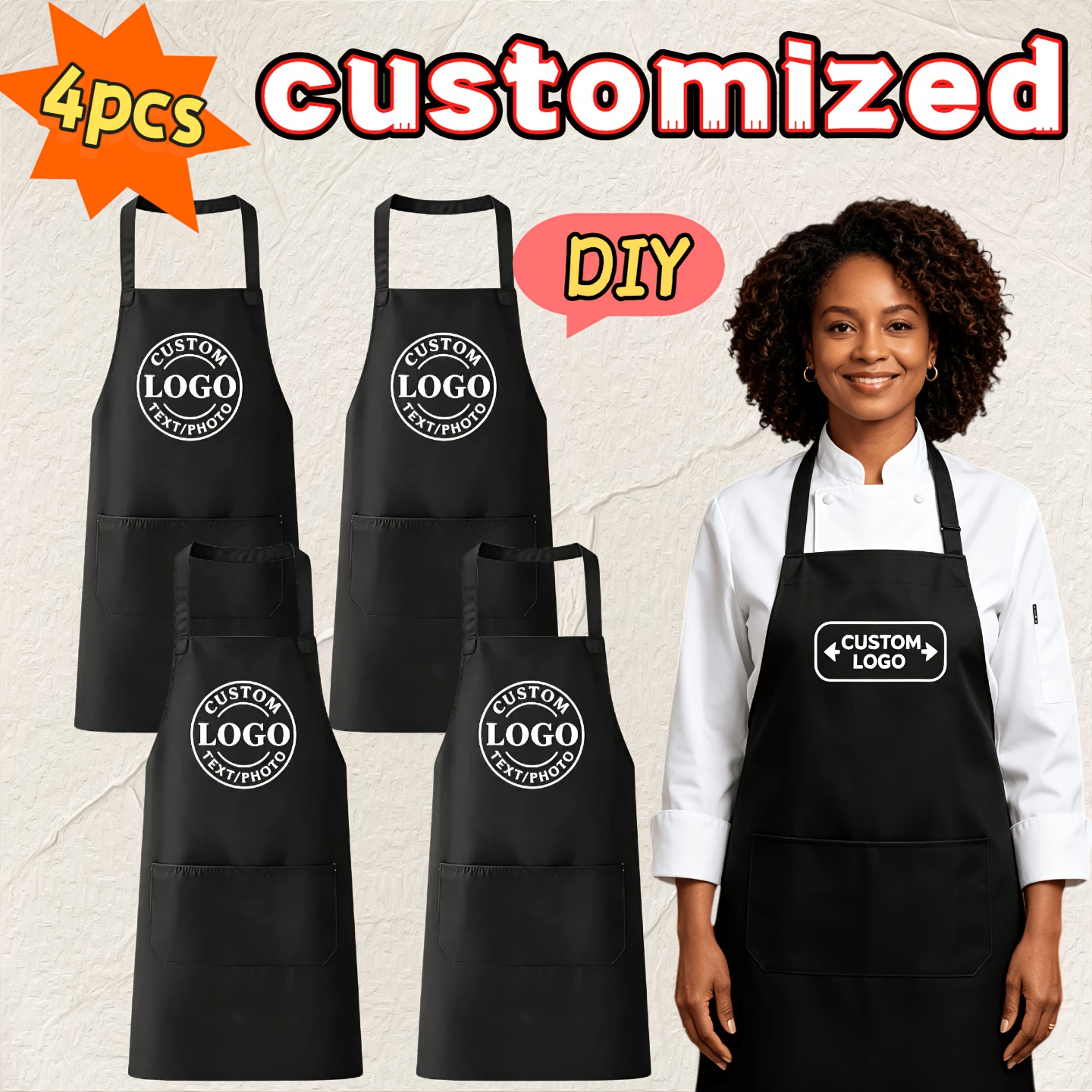 TEMU 4pcs Custom Aprons, Personalized Logo/name/pattern, Unisex, Suitable For Kitchen Use, With Pockets, Ideal Gift For Mother's Day, Sisters, ,