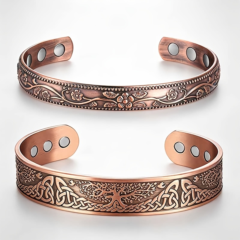 TEMU Unisex Copper Alloy Magnetic Bracelet Set With Adjustable , Featuring Retro And Tree Of Life Carvings, A Exquisite Gift