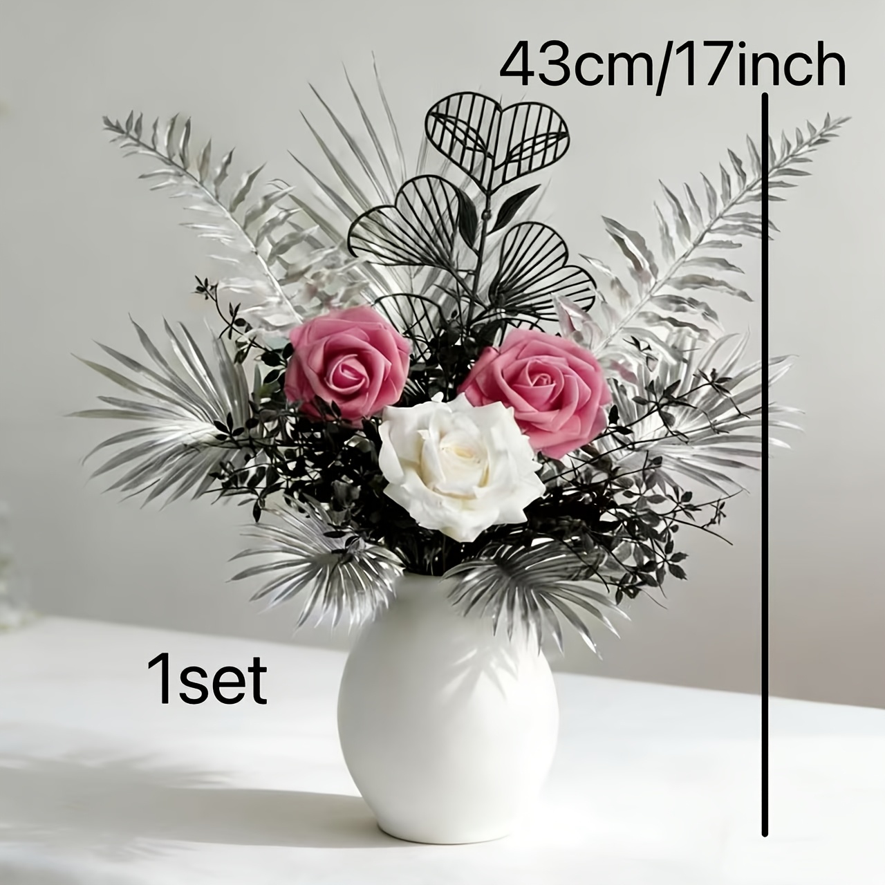 Image of 1 Set [white Rose ] Artificial Flower Bouquet, A Modern -style Floral Arrangement With A Sense . It Features -pink And Creamy White Roses As The Visual Centerpiece, Complemented Grass, Silvery