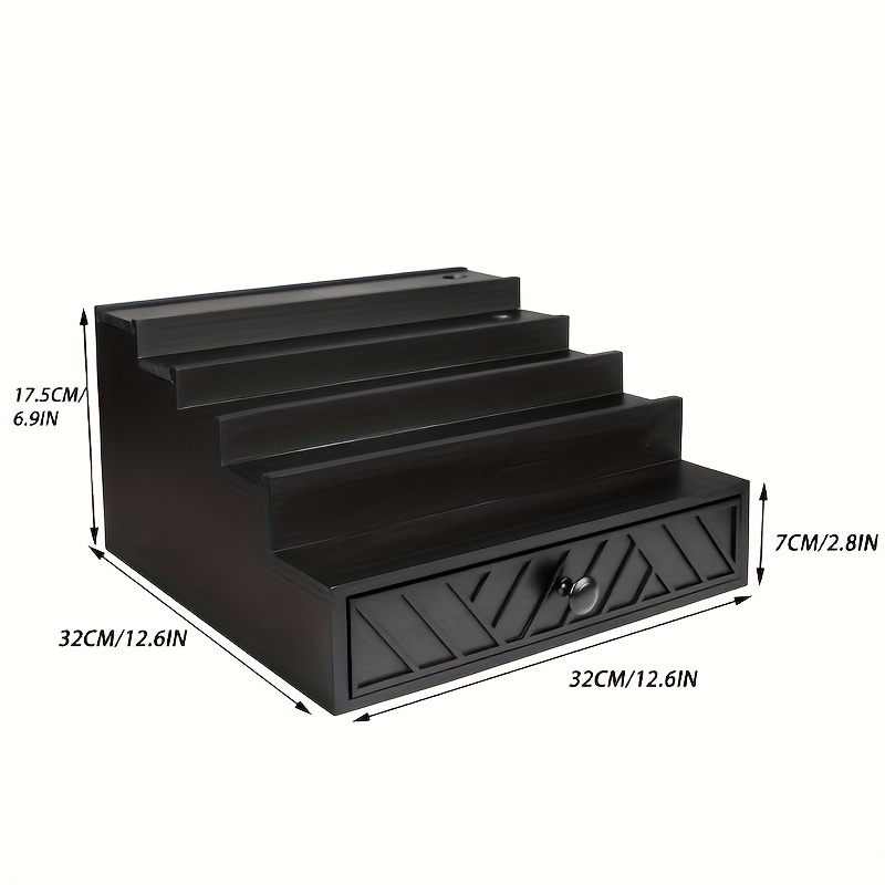   5-tier solid wood cologne storage rack with hidden drawers & soft velvet-lined interior -   vanity organizer with decorative patterns,   display stand for perfume, skincare, jewelry & accessories - space-saving bathroom & bedroom storage, contemporary dresser organizer,  , jewelry boxe, jewelry organizer storage, jewelry box for women Product details 1