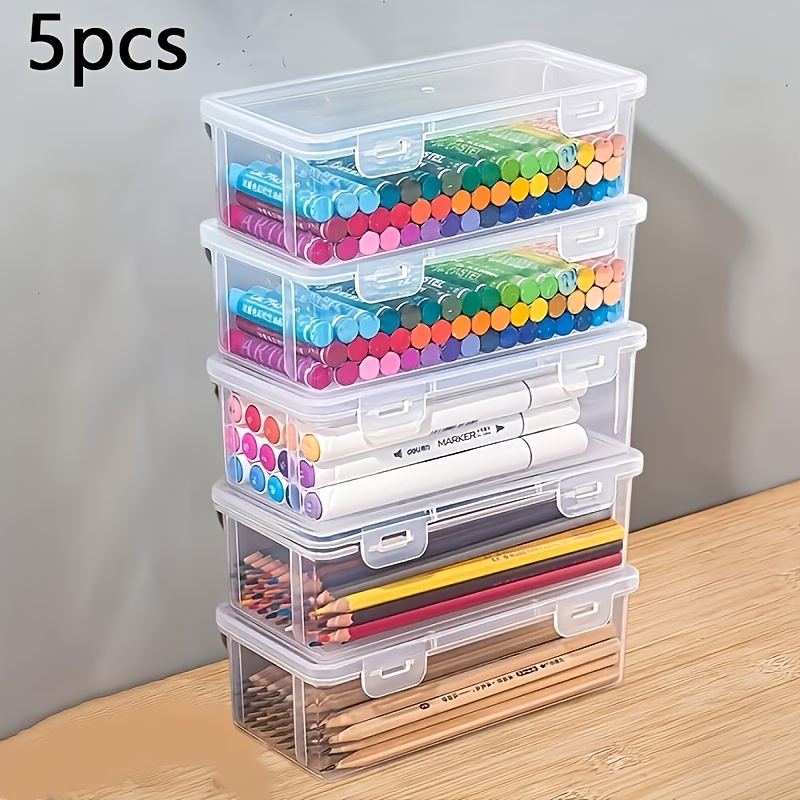 TEMU Lot de 5 grandes boîtes de rangement transparentes avec couvercles - Organisateur robuste, conteneurs empilables pour bureau, art et loisirs