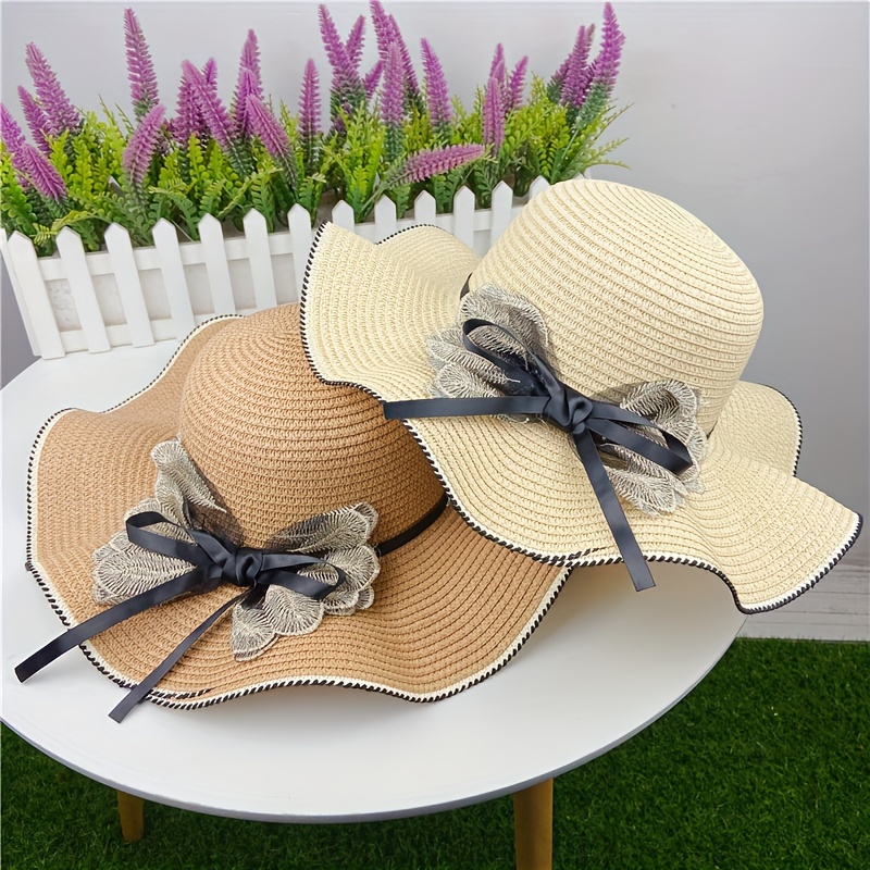 Summer Women Bowknot Beach Cap Wide Brim Sun Hat with Mesh Weaving