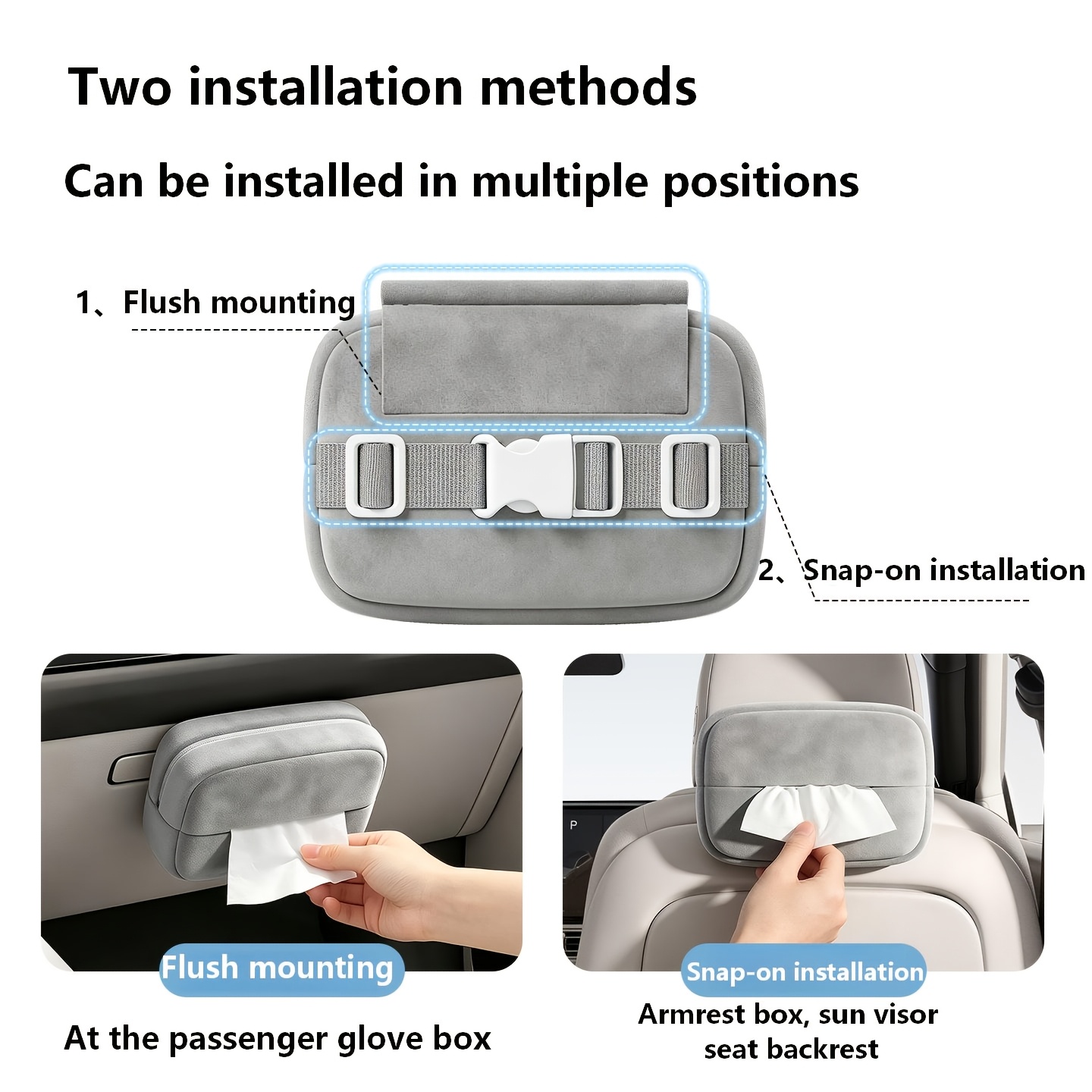 1-Pack Car Tissue Box with Multiple Installation Methods, Car Passenger Side Tissue Holder, Seat Back Hanging Tissue Pouch, Multi-Functional Armrest Box Tissue Dispenser
