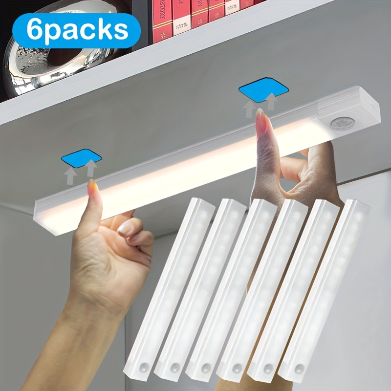 E-shop 6er-Pack Wiederaufladbare LED-Bewegungsmelderleuchten – Kabellose Magnetleisten mit USB-Aufladung für Küche, Schrank, Schreibtisch und Flur –