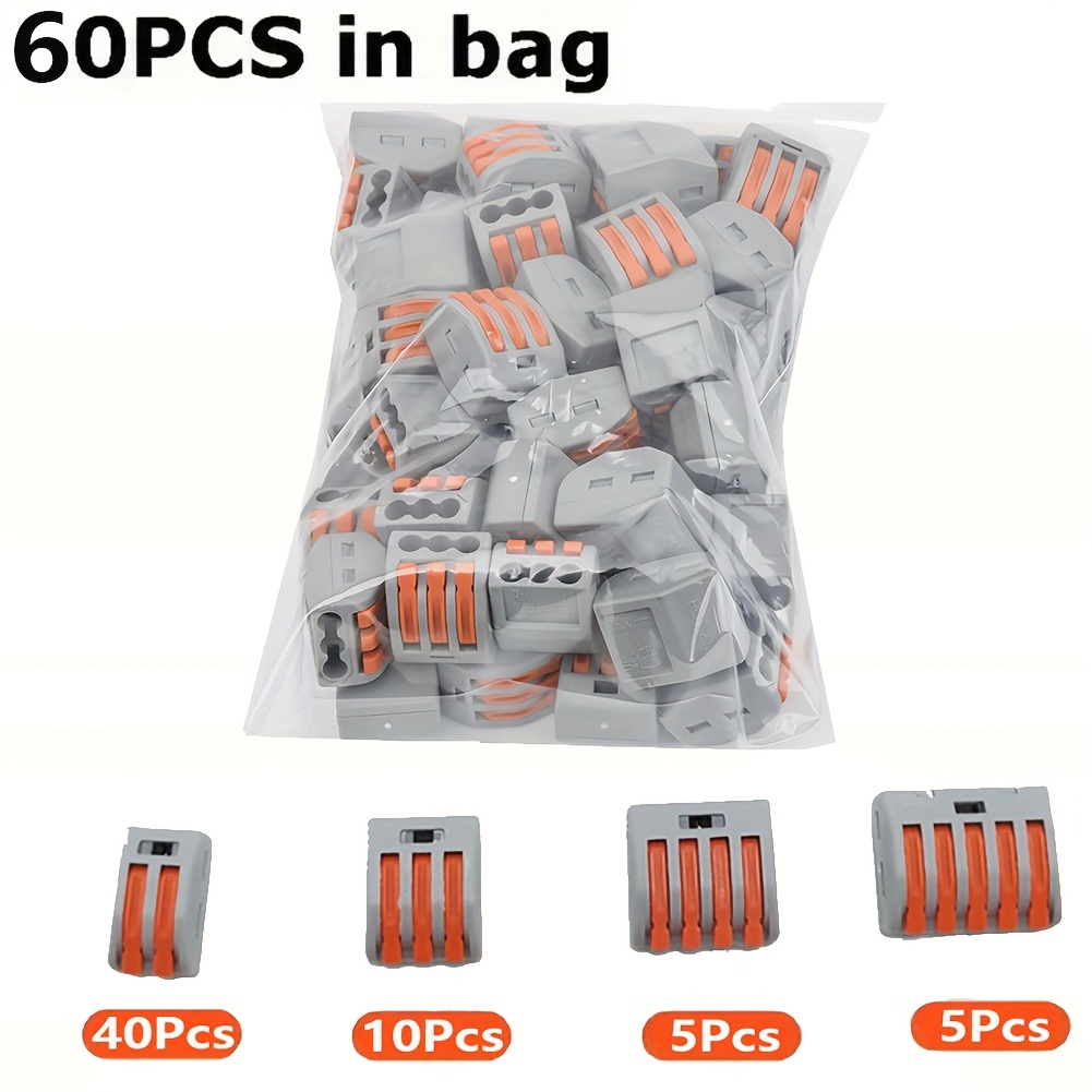 60pcs Lever Wire Connectors Kit, Push-in Electrical Connectors Quick Connect 2/3/4/5 Conductor Combination, Termal Blocks, For 28-12awg