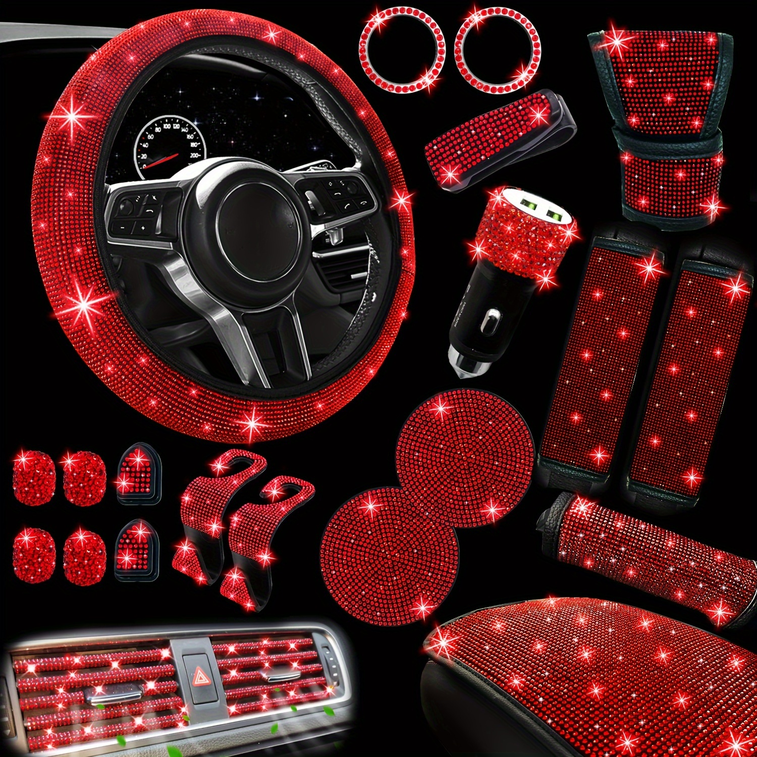 TEMU 30pcs Bling Car Accessories Set For Women, Steering Wheel Covers Universal Inch, Seat Belt Covers, Armrest Cover, Gear Shift Covers