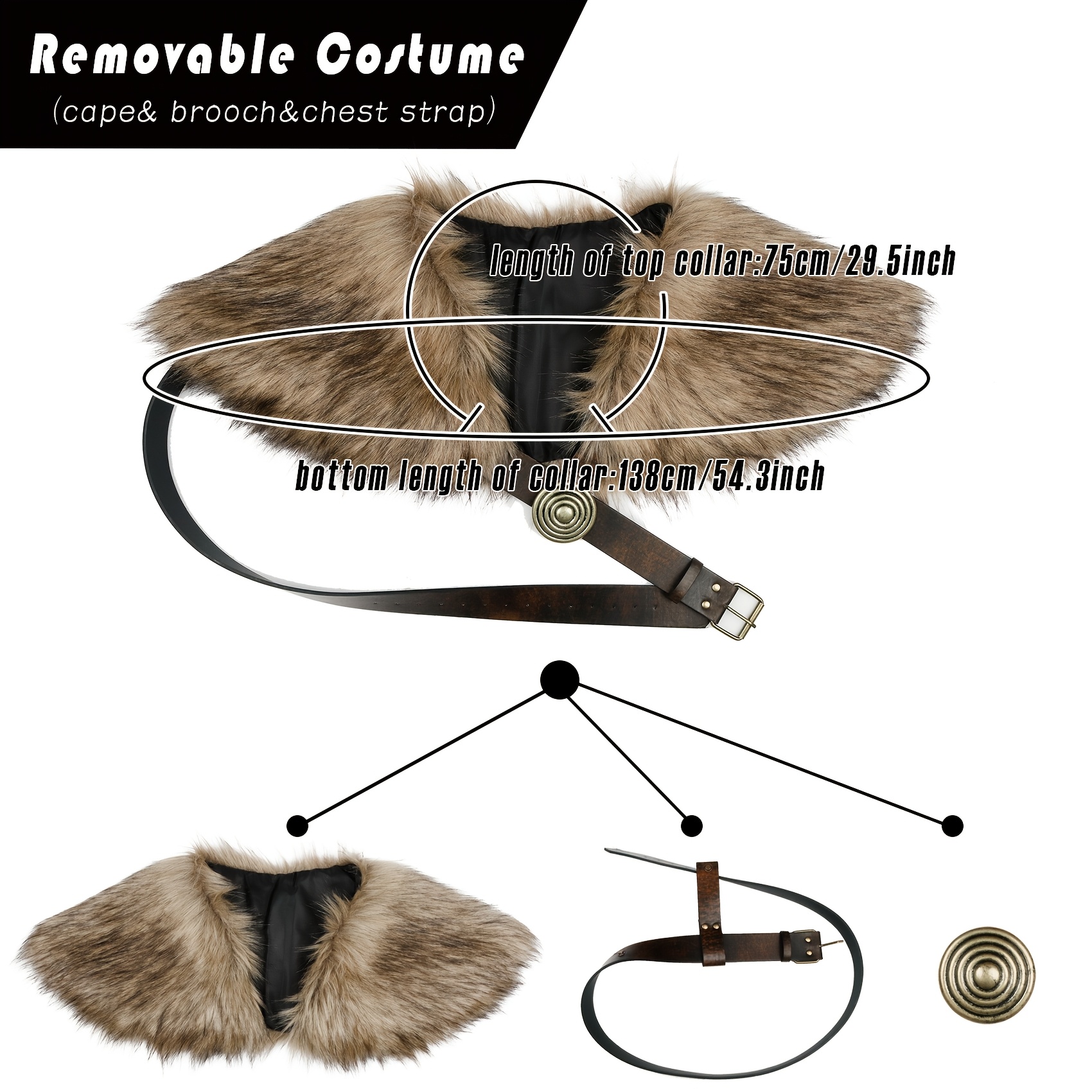 1 pieza de lvow, capa de cuello de piel sintética medieval para hombre - accesorio de traje de de invierno negro y para halloween, navidad, carnaval y fiestas de cosplay y rol, ropa temática, de piel realista. Detalles del producto 1