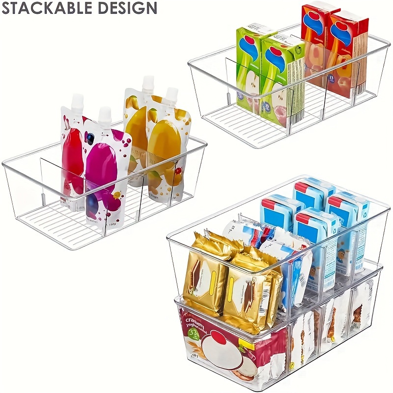 

1/2/3/4/5pcs Food Storage Organizer Bins Clear Plastic Removable Snack Organizer Pantry Organization Storage Racks With 3 Dividers, Kitchen, Cabinets Snacks, Packets, Spices, Pouches Stackable Bins