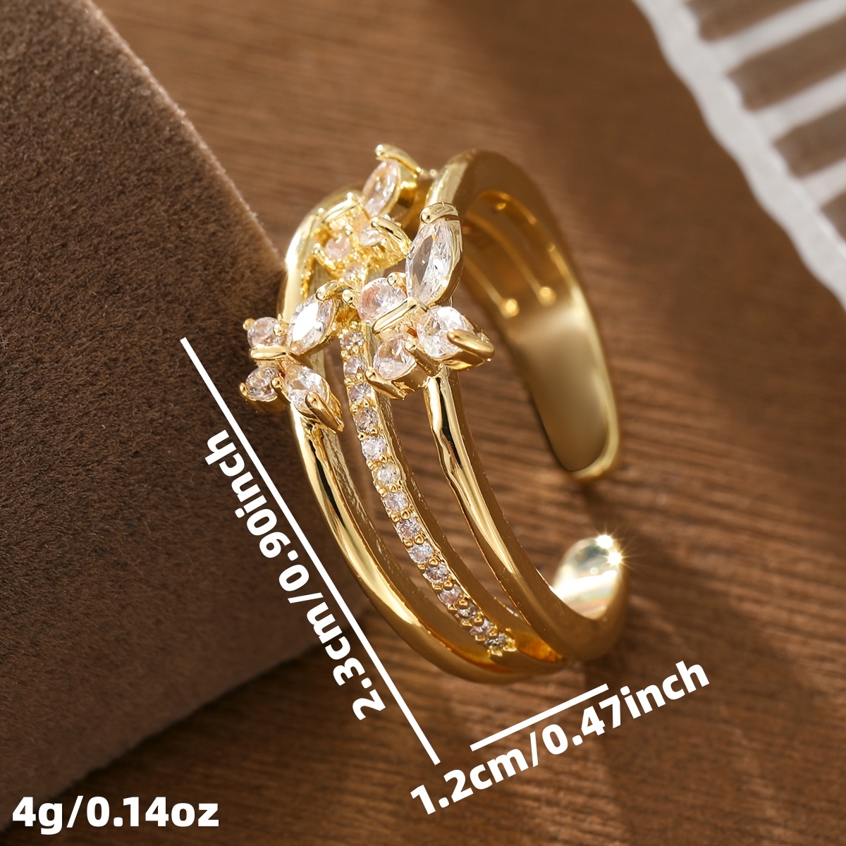 Women's Vintage Open-End Ring with Three Butterflies and Synthetic Zirconia