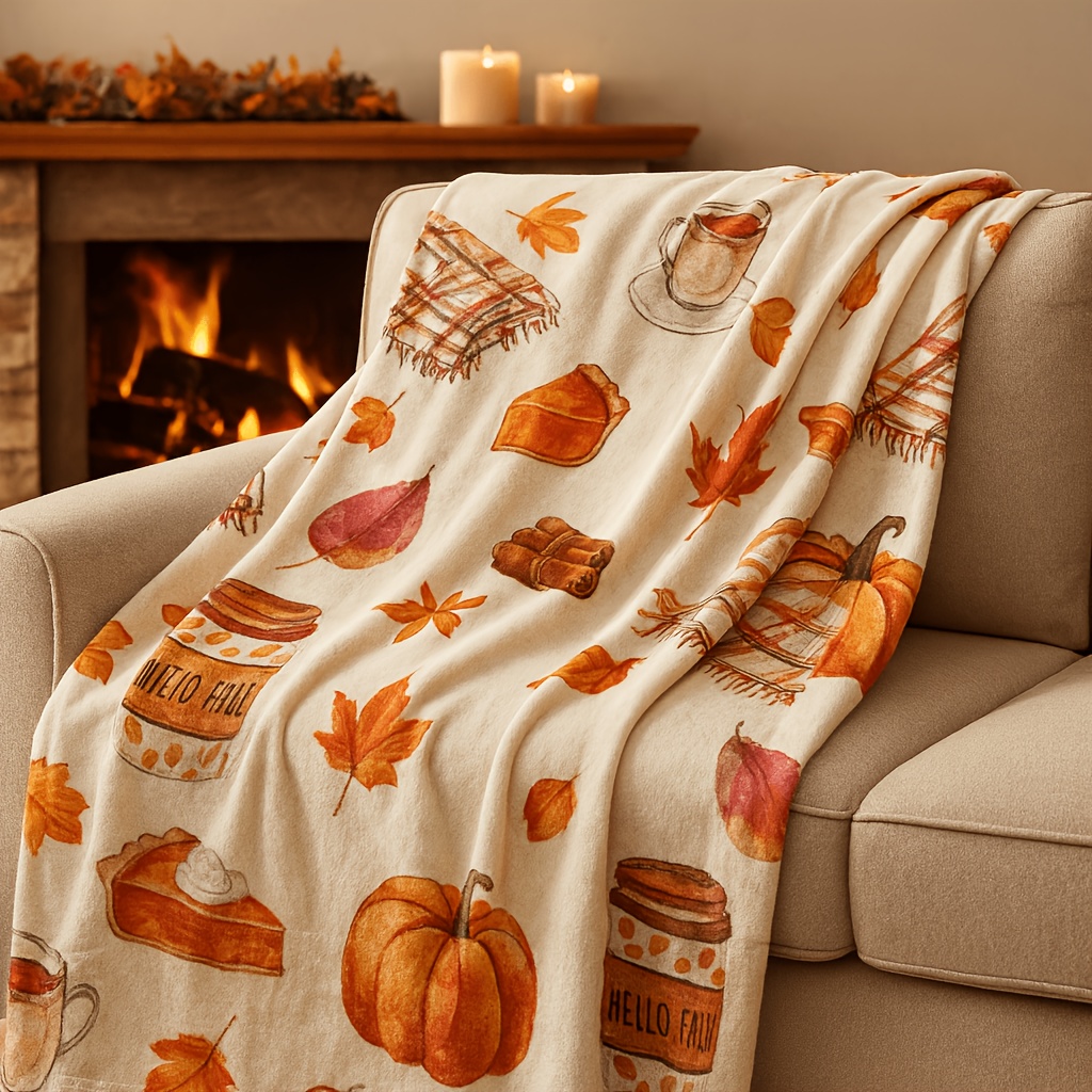 TEMU 1pc Autumn Pumpkin And Maple Leaf Pattern Soft And Comfortable Flannel Blanket Thanksgiving Christmas Halloween Holiday Gift Blanket