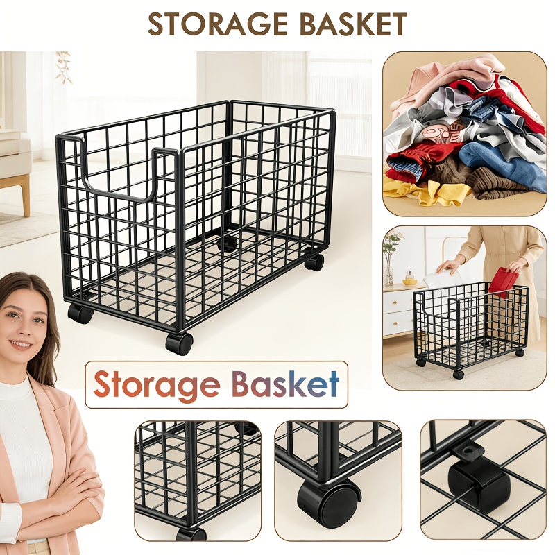 TEMU This Black Metal Storage Basket Comes With 4 Casters For And Placement. Suitable For Storing Items, Is For Easy To Assemble, And Used In Living