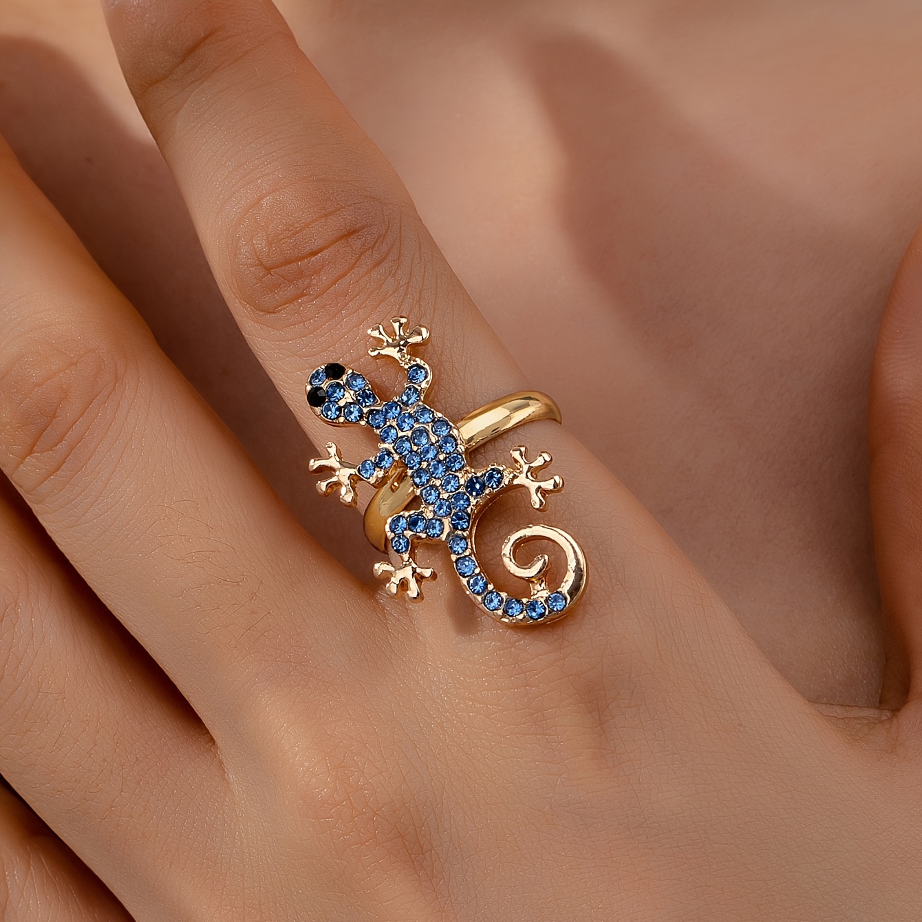 

Elegant 14k Golden Plated Lizard Ring With Blue Gemstone Accents, Zinc Alloy Fashion Statement Jewelry For Women, Versatile Daily & Gift Occasion Accessory - 1 Piece/set