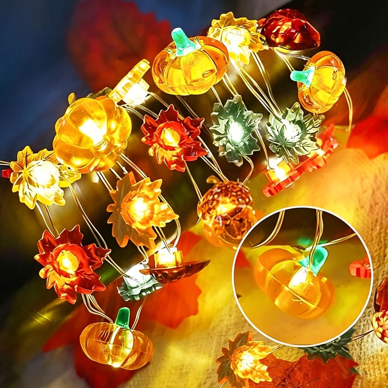 TEMU 1pc Of Thanksgiving Copper Wire Lamp Pumpkin Maple Element Led String Light Wreath Window Decoration Light (without Battery)