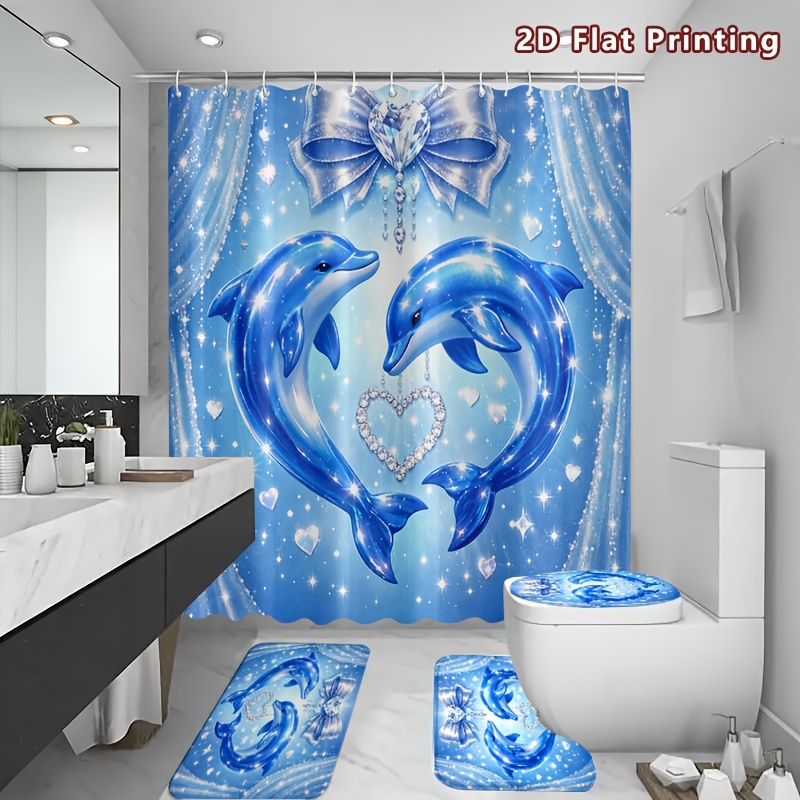 4pcs Dolphin Shower Curtain Set with Romantic Design
