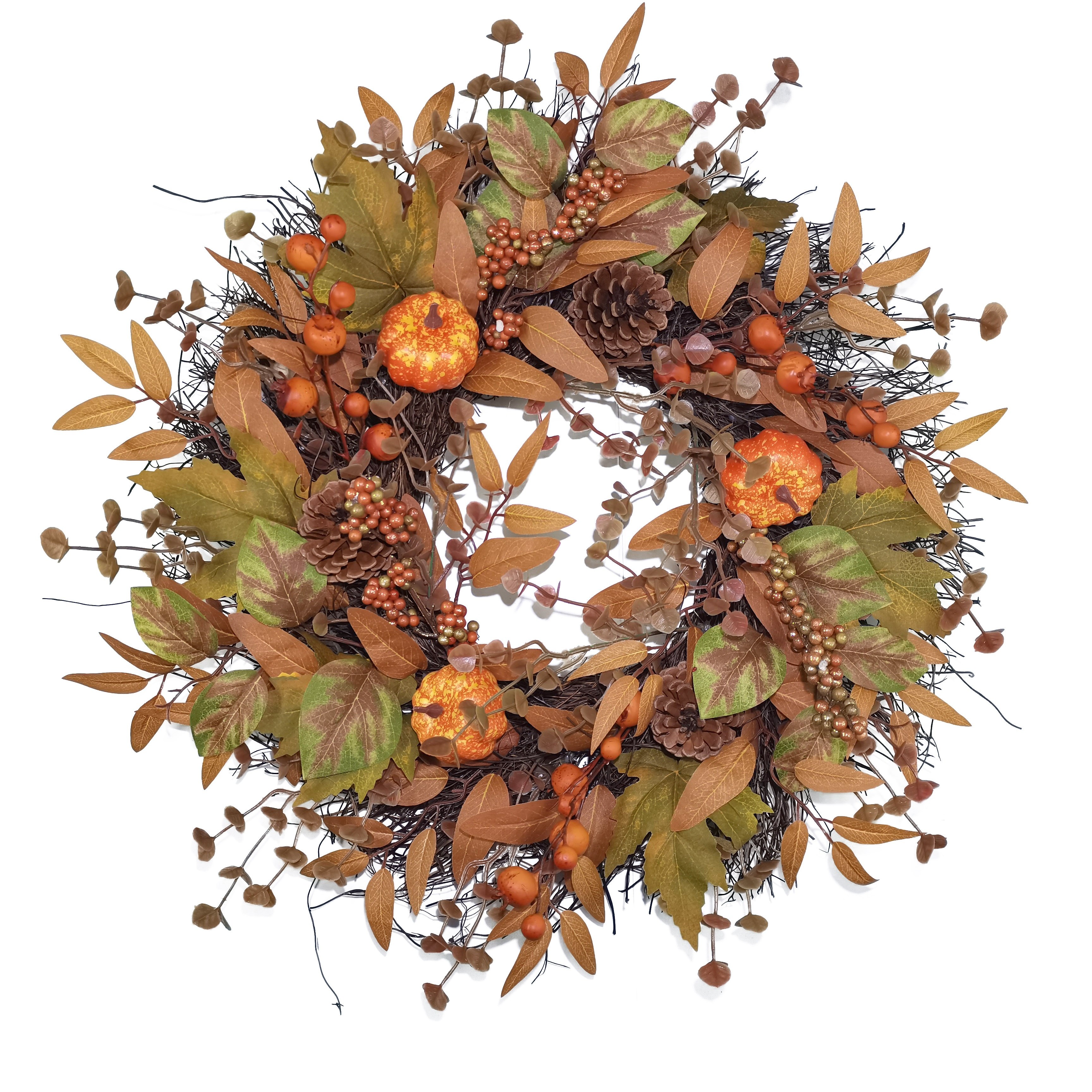 TEMU Autumn Harvest Door Wreath 21.6 Inch - Classic Style Plastic Fall Garland With Pumpkins, Pine Cones, Maple Leaves, Berries - No Electricity Door Mount For Halloween, Thanksgiving Decorations