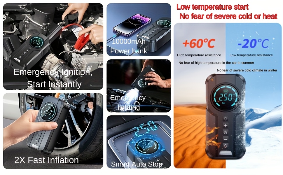 portable 1000a 150psi car  er with air compressor   12v 24v battery   tire inflator power bank for trucks suvs motorcycles emergency   device Product details 2