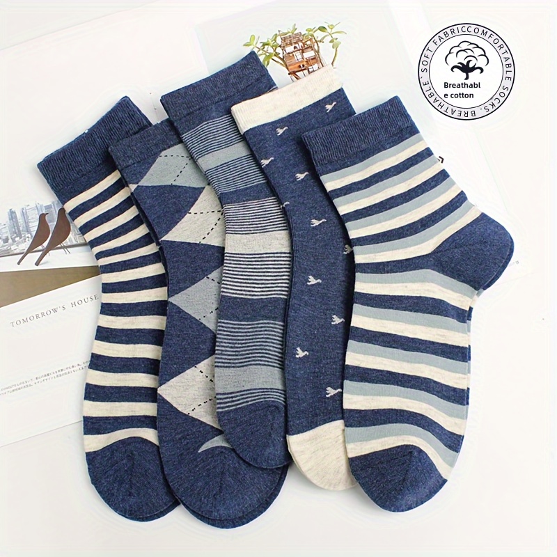 

5-pack Autumn Winter Fashion Striped Men's Cotton Socks 70% Cotton 30% Polyester, Breathable Comfort, Casual Mid-calf Length, Knit Fabric, Hand Wash Only