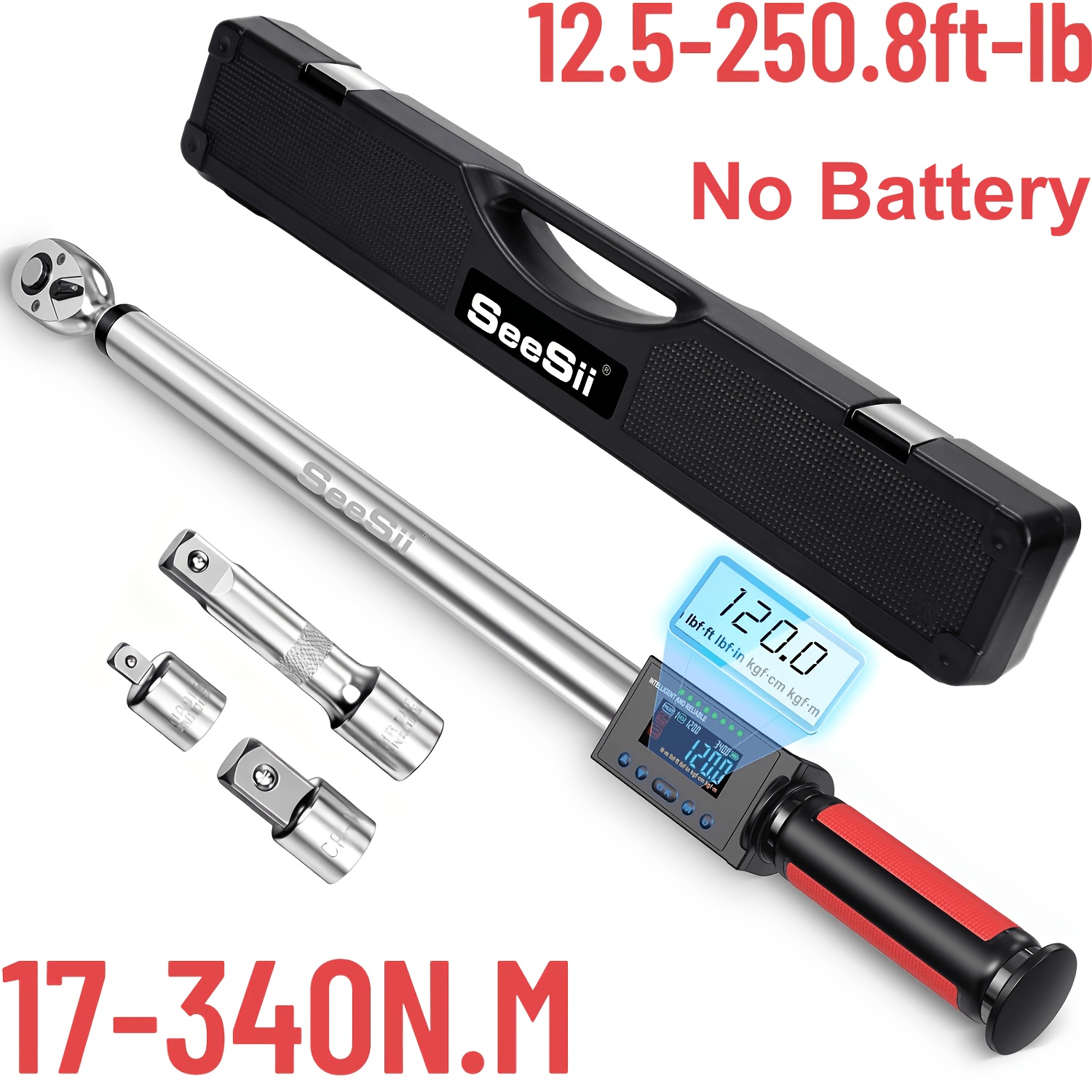TEMU Seesii 1/2 Inch Digital Torque Wrench, 340n.m Torque Wrench, 2% Accuracy 3-speed Adjustable With Digital Display And Buzzer, For Car Motorcycle