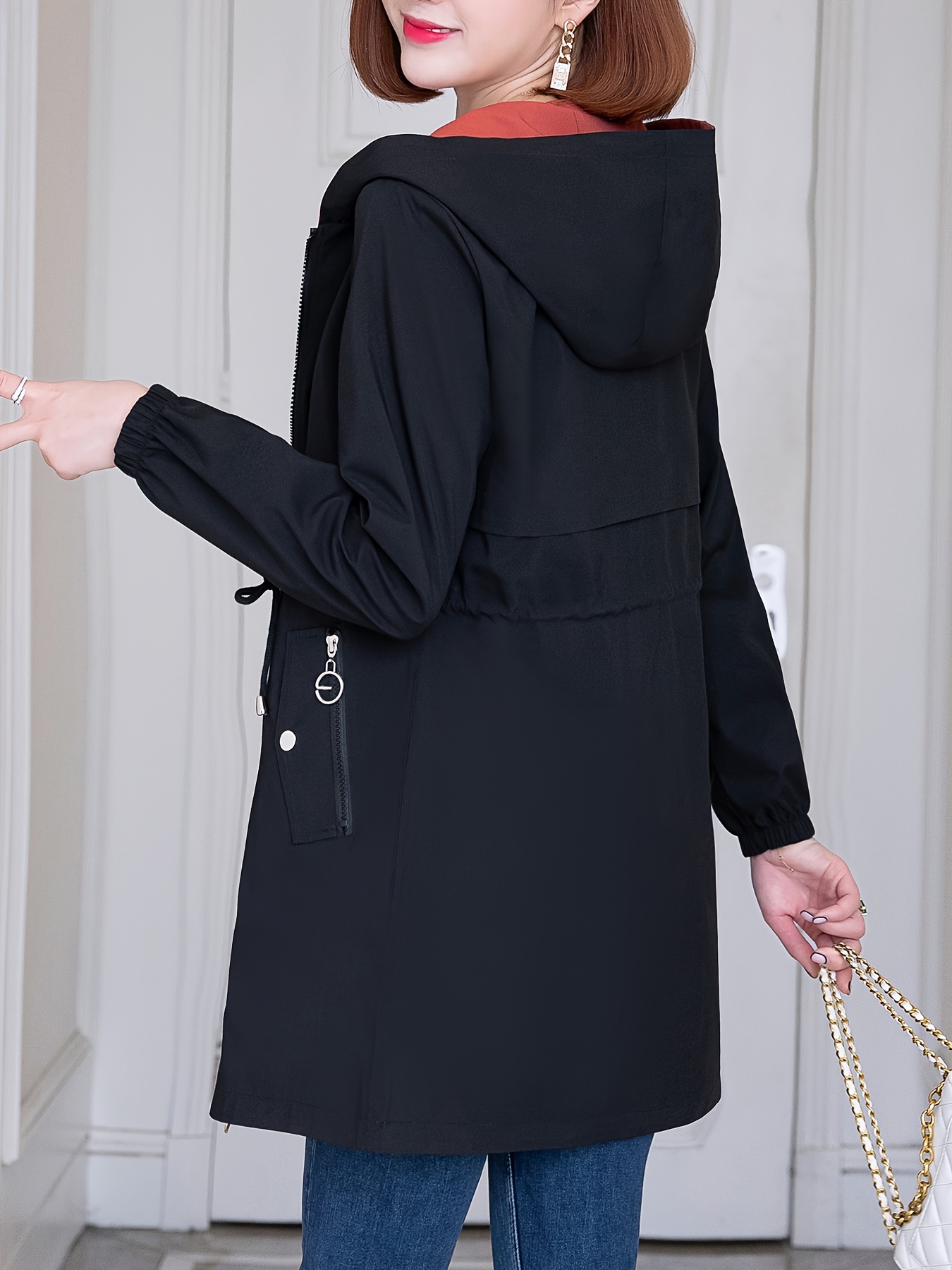 Chaqueta casual de inspiración coreana para mujer, doble cara, midi, con cintura ajustable, cierre de cremallera y forro de contraste, color sólido, abrigo para primavera/otoño, chaqueta rompevientos, atuendo casual, estilo de moda coreana, diseño de cintura entallada - Imagen 6