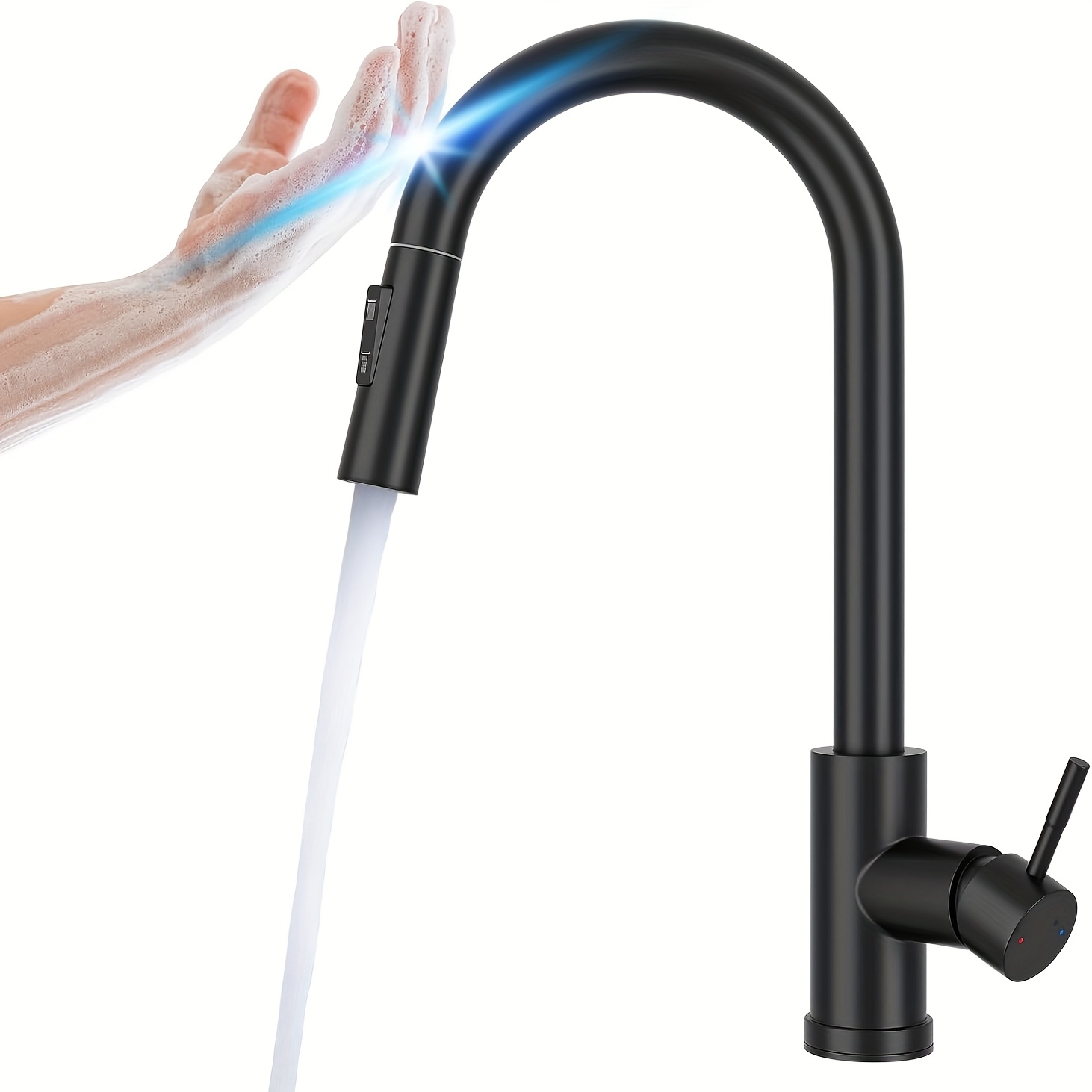 TEMU Modern Black Kitchen Faucet Featuring A Single Handle Touch Sensor, Pull-down Sprayer, And A Rotating Spout In Brushed Nickel End. Designed For