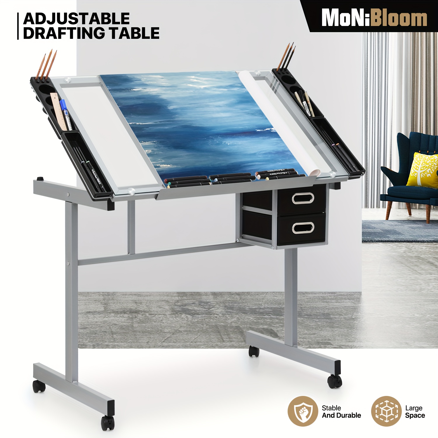 

Craft And Drawing Station, Transparent Tempered Glass Top Drafting Table With Dual Drawers, Side Trays & Built-in Pencil Ledge, Angle Adjustable Work Surface