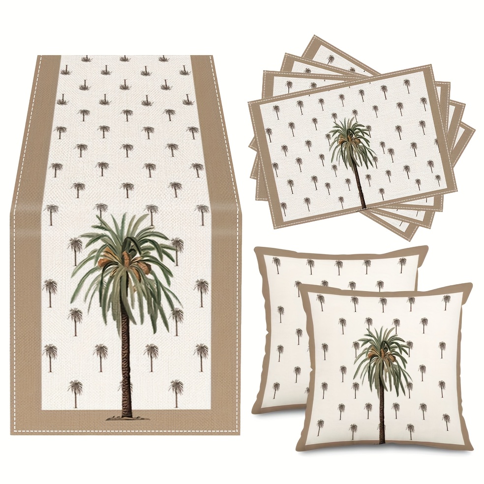 TEMU Lino 1/2/4/7 piezas, cubertería de -verano, de mesa, mantel individual y cojín de respaldo, comedor con palmeras de , para reuniones familiares
