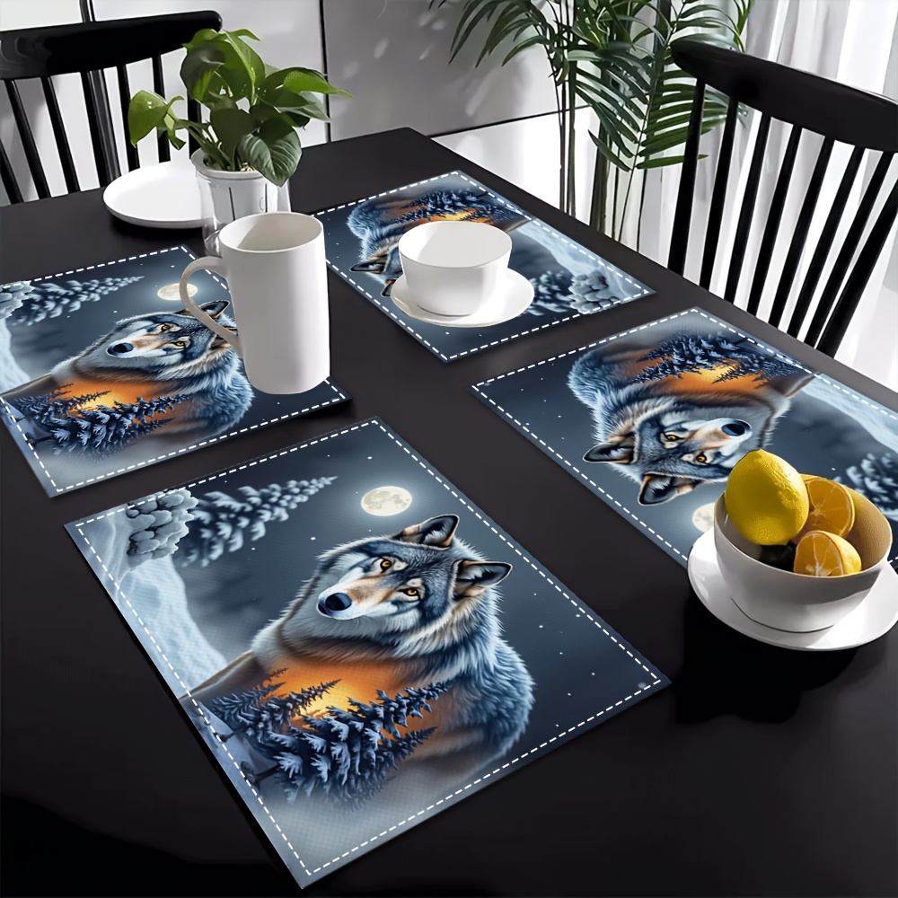TEMU 4pcs Wolf-themed Placemats Suitable For Home, Bar, Restaurant - Elegant Wolf & Table Protectors, Minimalist Modern Linen Fabric For Birthday