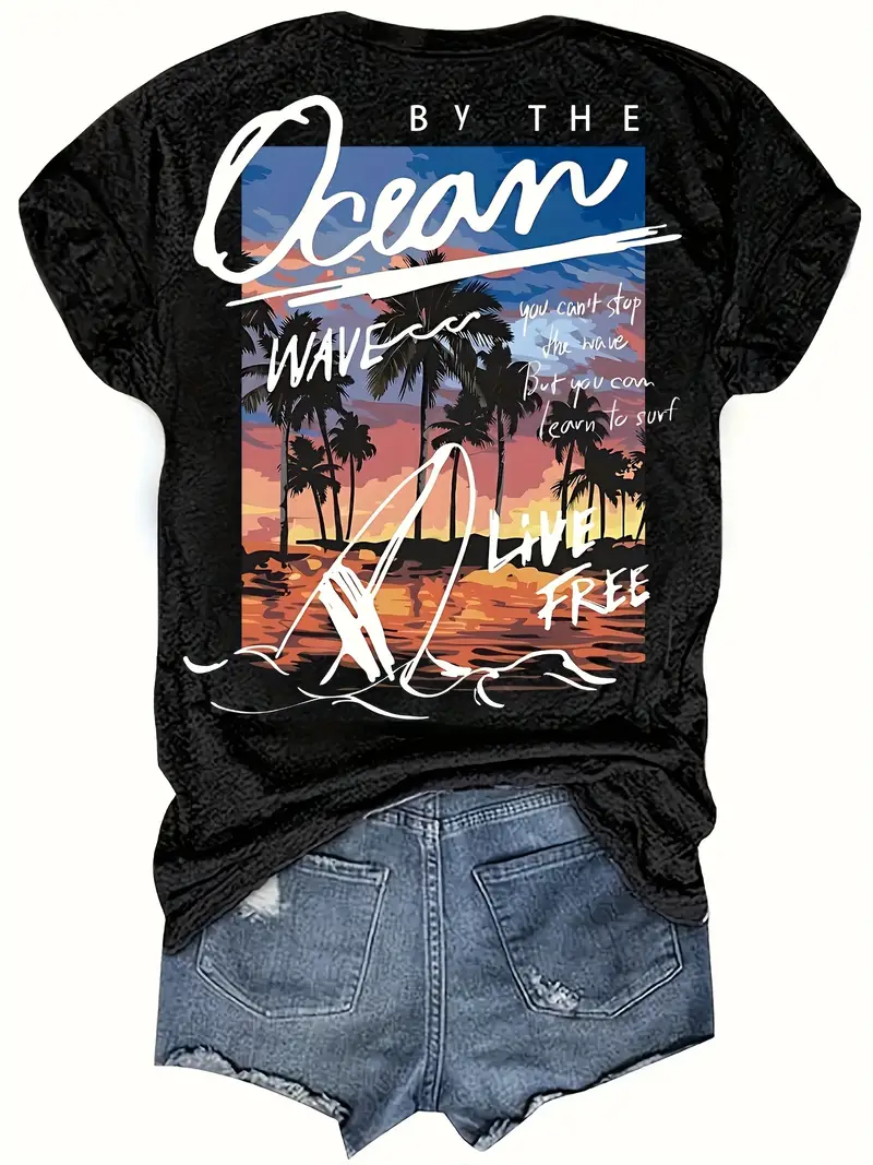 womens tree graphic print t shirt short sleeve crew neck casual top with ocean wave design medium washable black summer apparel sunset design shirt mediumstretch fabric Product details 1