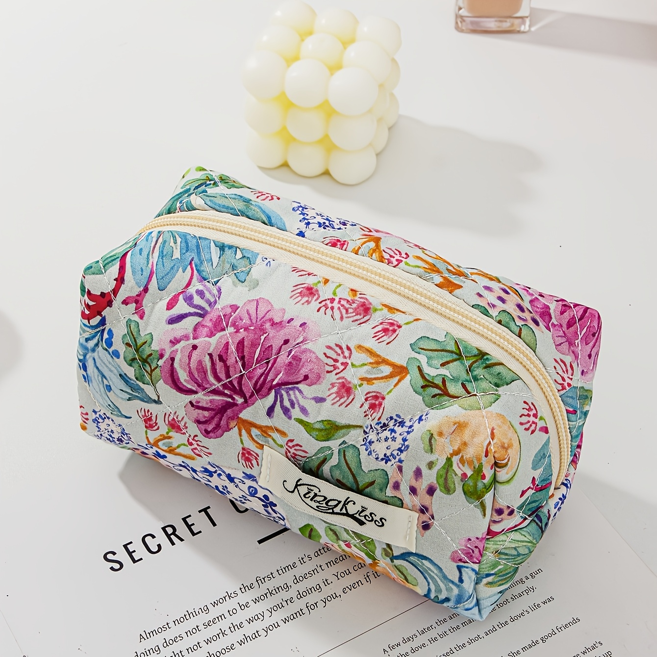 TEMU Trousse de maquillage style nordique multicolore à motif floral océanique, en tissu lisse et doux, grande capacité pour , un cabas de maquillage